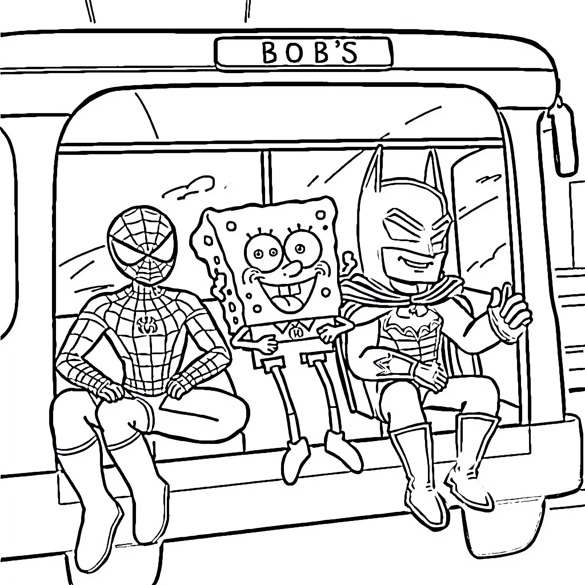 Superheroes enjoying a bus ride together Coloring Page (free black-and-white line drawing printable PDF for all, from beginners to advanced learners, including children, teens, adults, and seniors)