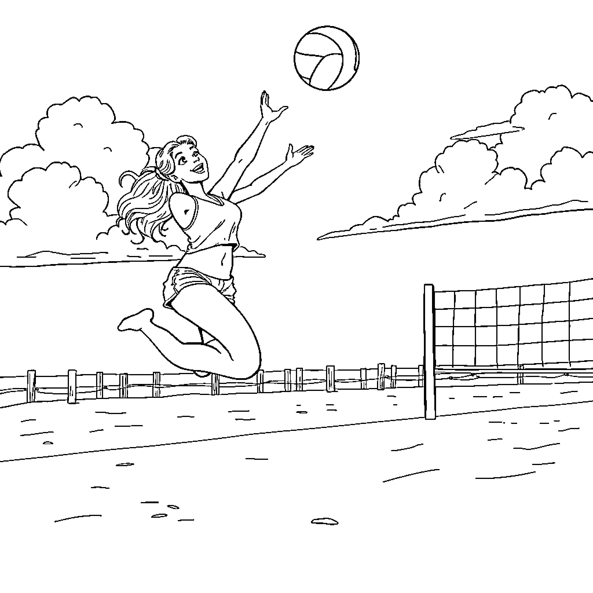 Lisa Ann's Joyful Volleyball Game Coloring Page (free black-and-white line drawing printable PDF for all, from beginners to advanced learners, including children, teens, adults, and seniors)