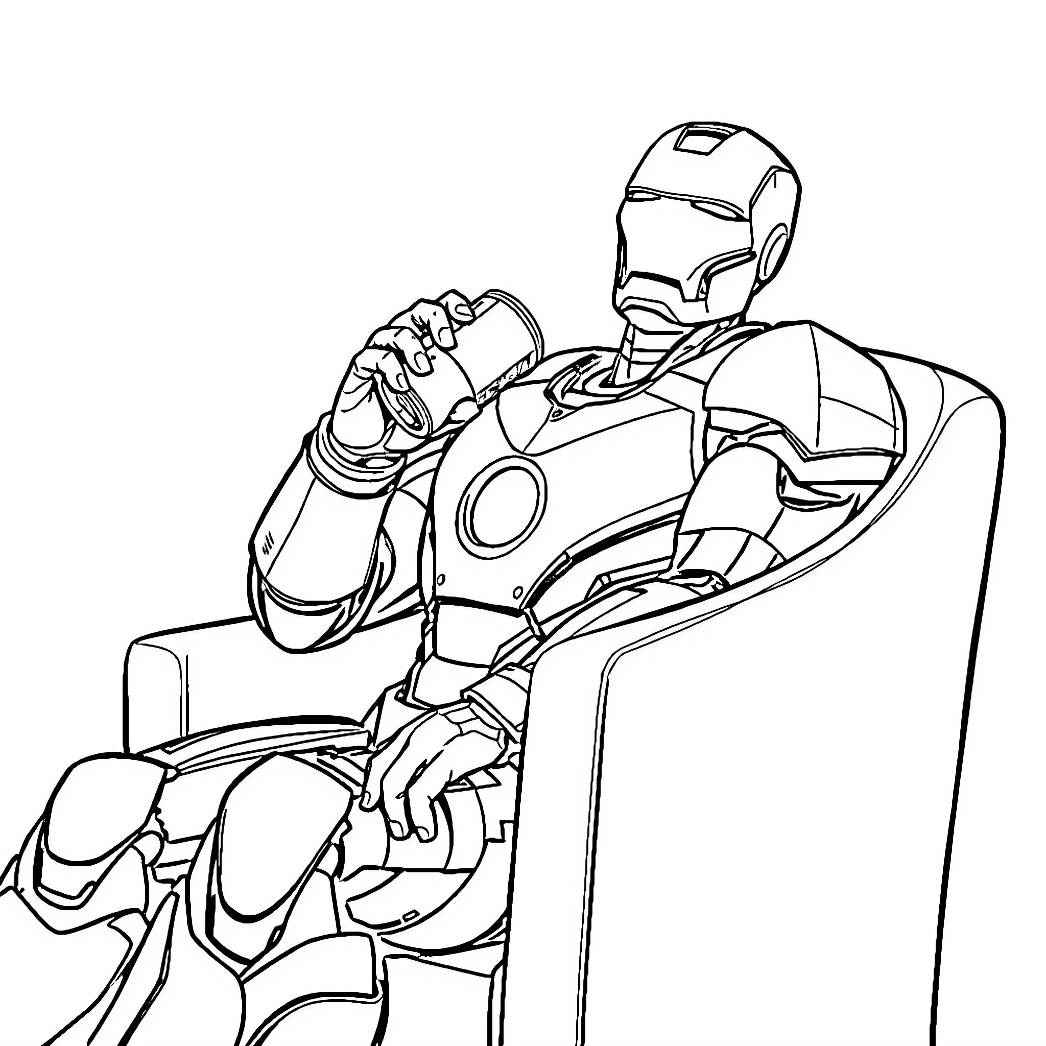 Iron Man sitting in a chair, contemplative Coloring Page (free black-and-white line drawing printable PDF for all, from beginners to advanced learners, including children, teens, adults, and seniors)