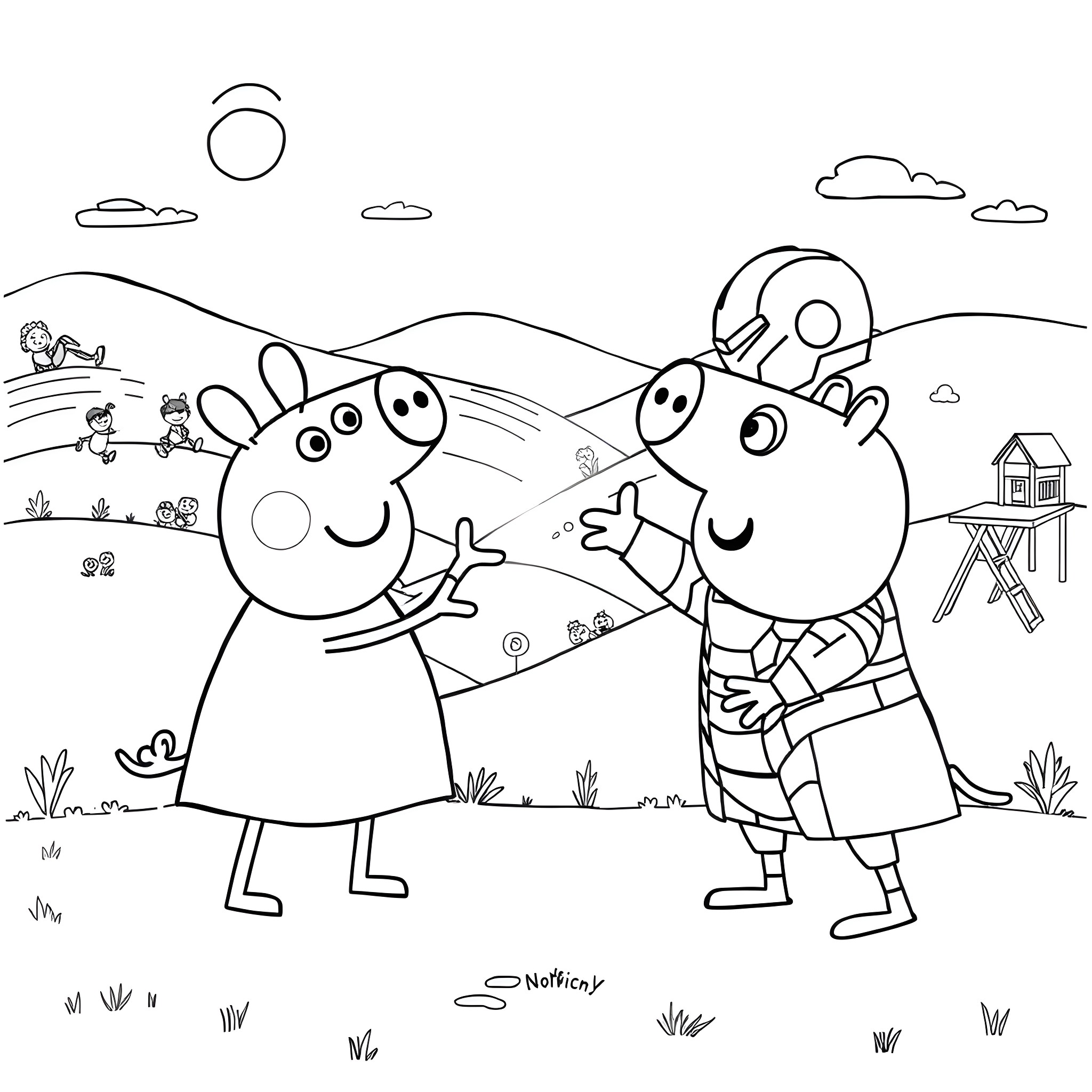Peppa Pig and Friends Explore the Countryside Coloring Page (free black-and-white line drawing printable PDF for all, from beginners to advanced learners, including children, teens, adults, and seniors)