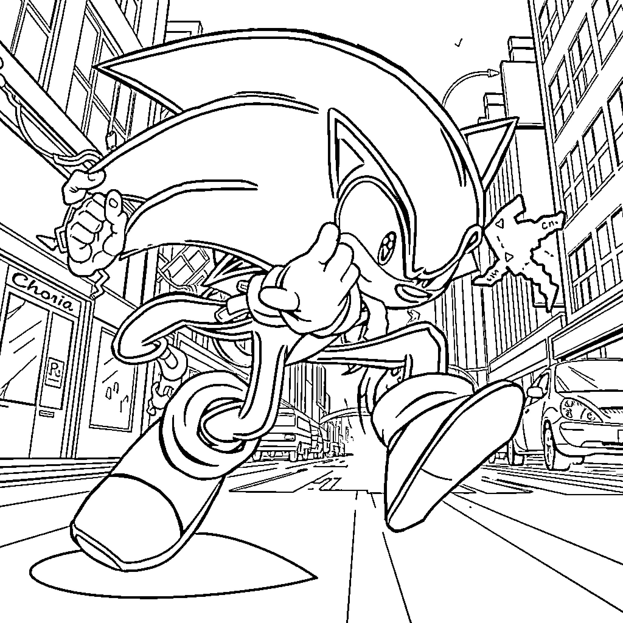 Sonic Racing Through the City Coloring Page (free black-and-white line drawing printable PDF for all, from beginners to advanced learners, including children, teens, adults, and seniors)