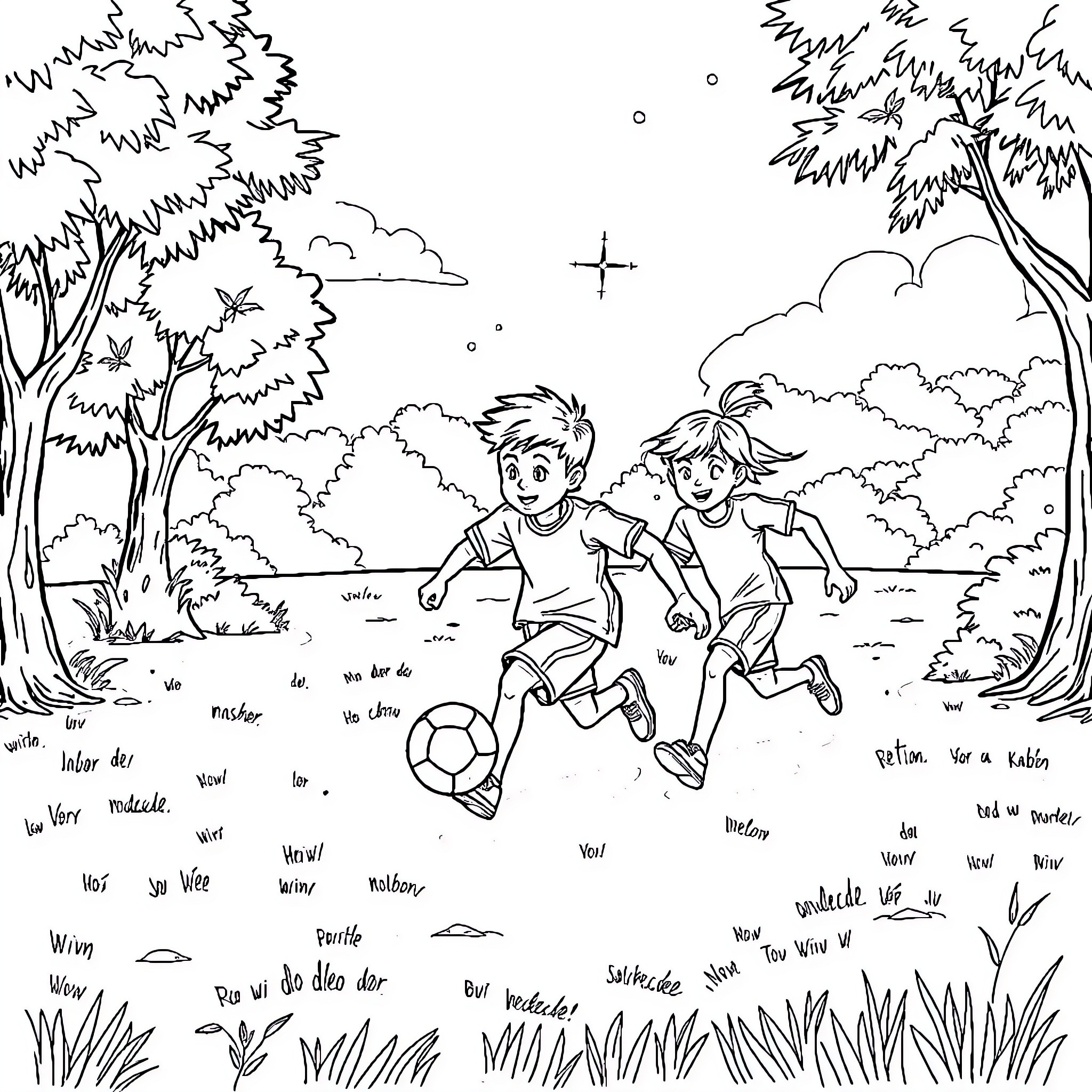 Niños playing soccer in the park Coloring Page (free black-and-white line drawing printable PDF for all, from beginners to advanced learners, including children, teens, adults, and seniors)