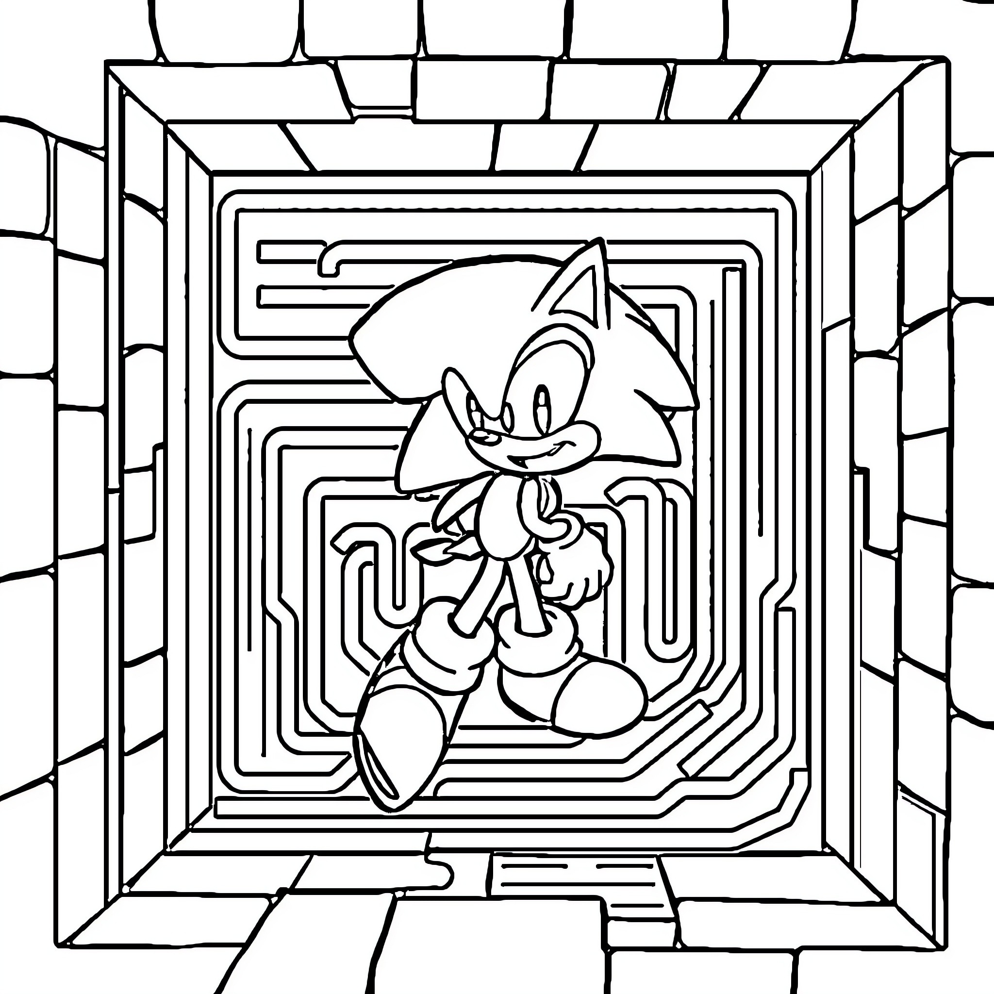 Sonic running through a maze-like tunnel Coloring Page (free black-and-white line drawing printable PDF for all, from beginners to advanced learners, including children, teens, adults, and seniors)