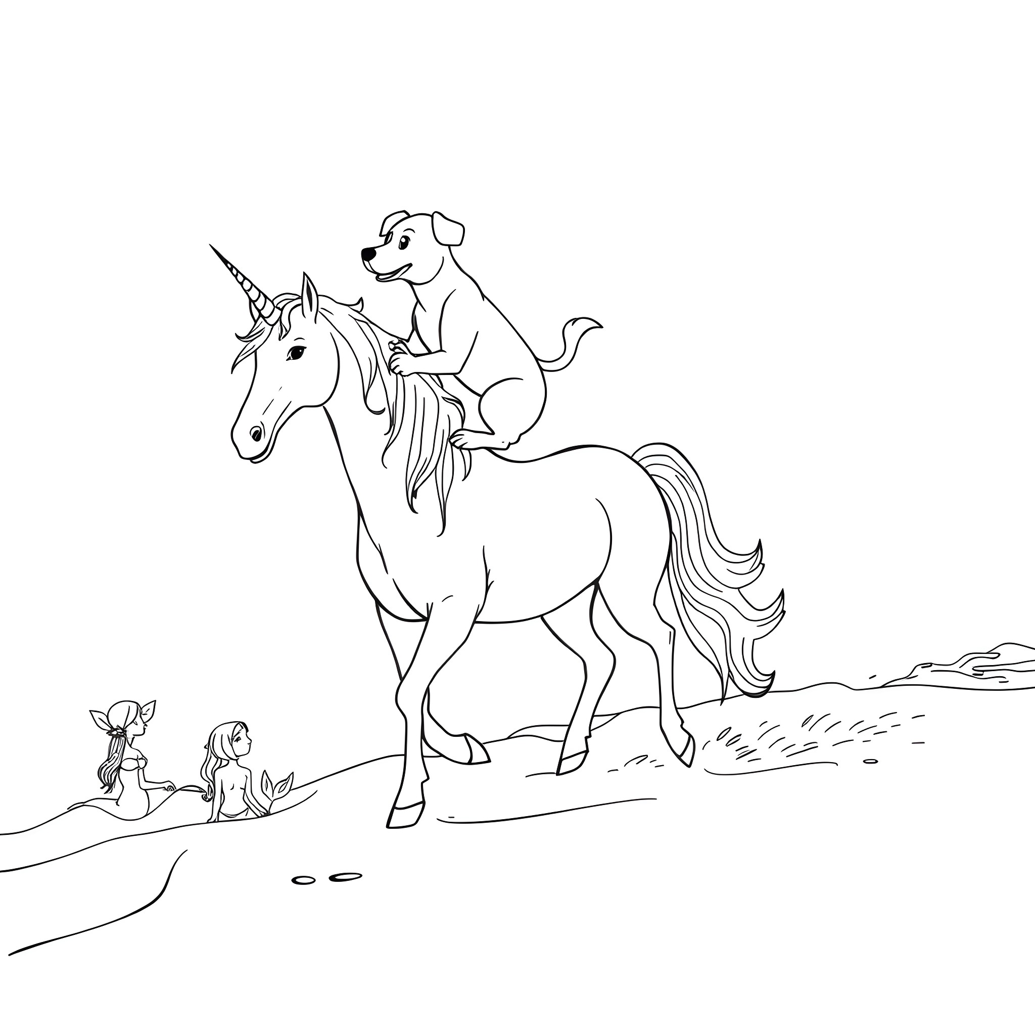 Dog riding a unicorn in a fantasy landscape Coloring Page (free black-and-white line drawing printable PDF for all, from beginners to advanced learners, including children, teens, adults, and seniors)