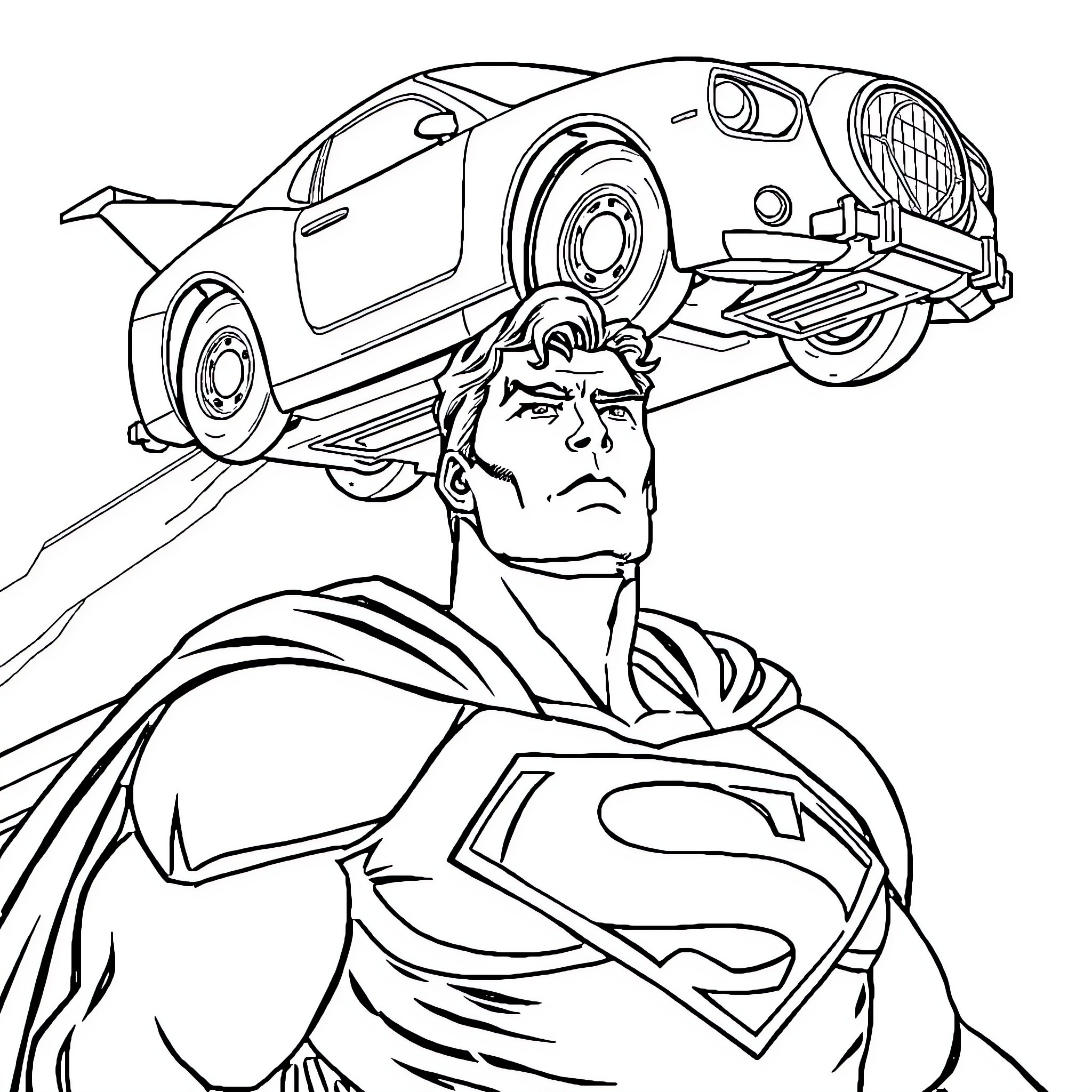 Superman Lifts Truck with Heroic Might Coloring Page (free black-and-white line drawing printable PDF for all, from beginners to advanced learners, including children, teens, adults, and seniors)