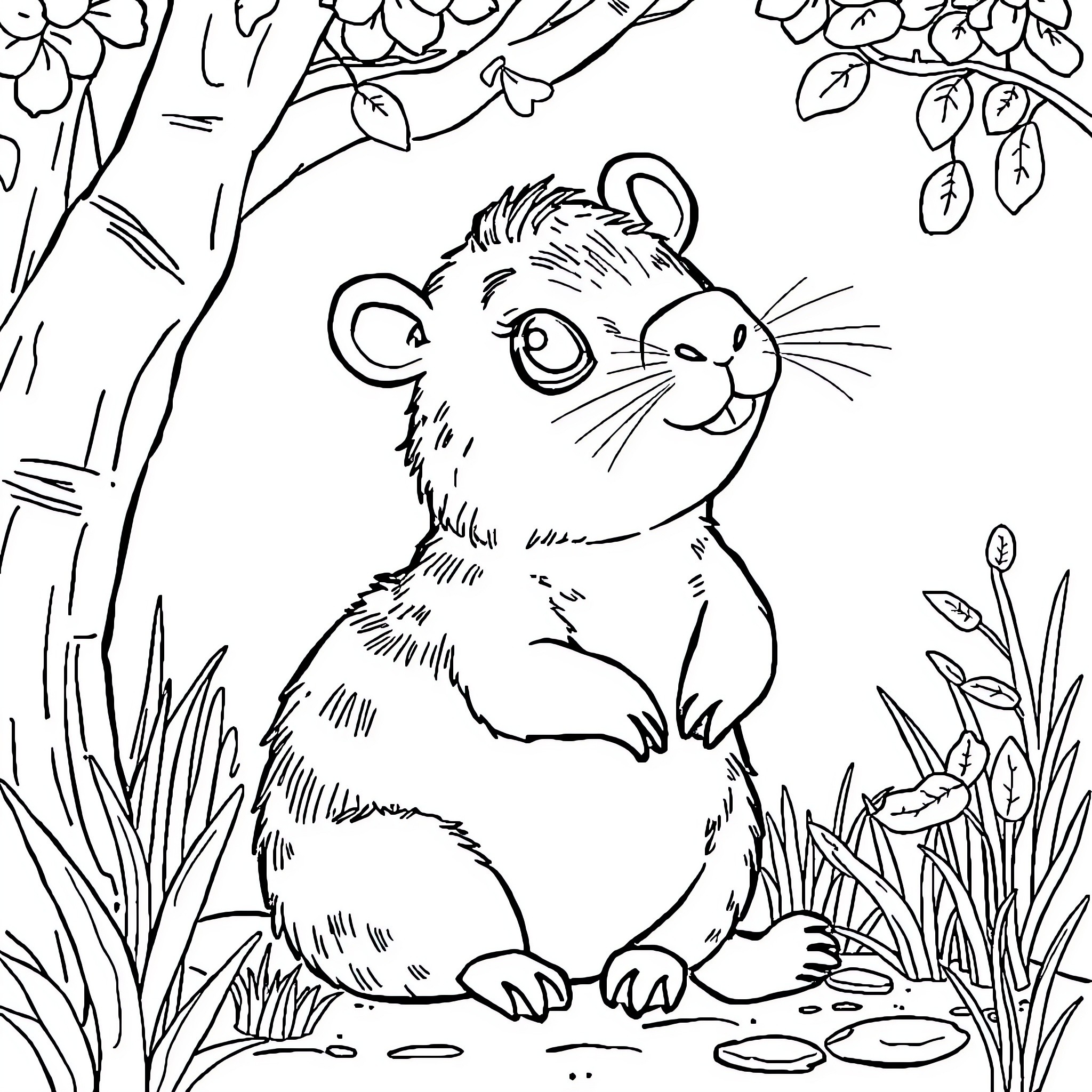 Capybara enjoying nature in a forest setting Coloring Page (free black-and-white line drawing printable PDF for all, from beginners to advanced learners, including children, teens, adults, and seniors)