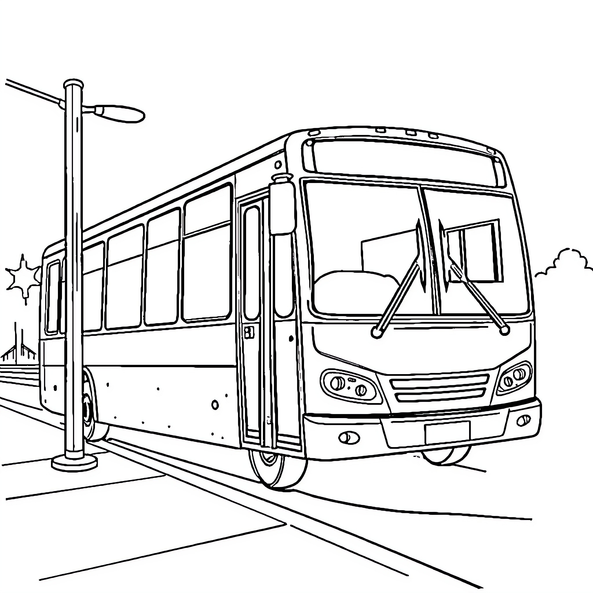 Bus at the station with passengers Coloring Page (free black-and-white line drawing printable PDF for all, from beginners to advanced learners, including children, teens, adults, and seniors)