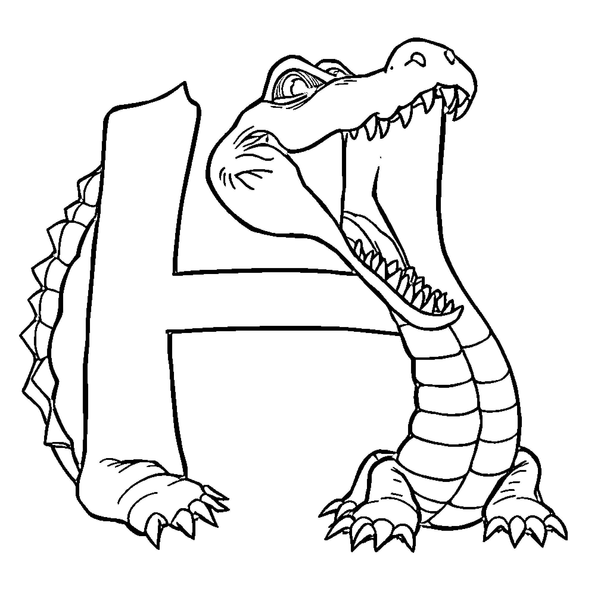 Crocodile biting through letter R Coloring Page (free black-and-white line drawing printable PDF for all, from beginners to advanced learners, including children, teens, adults, and seniors)