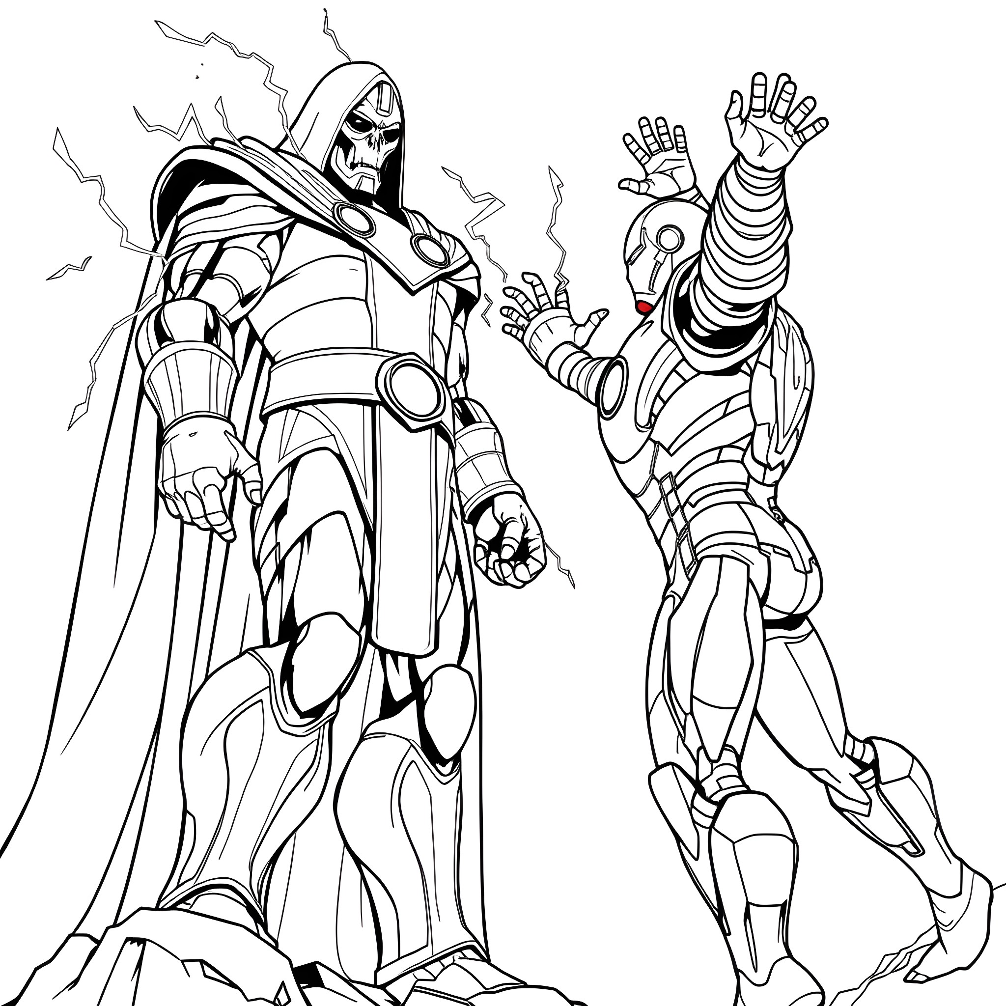 Doctor Doom Unleashing His Wrath on a Powerful Adversary Coloring Page (free black-and-white line drawing printable PDF for all, from beginners to advanced learners, including children, teens, adults, and seniors)