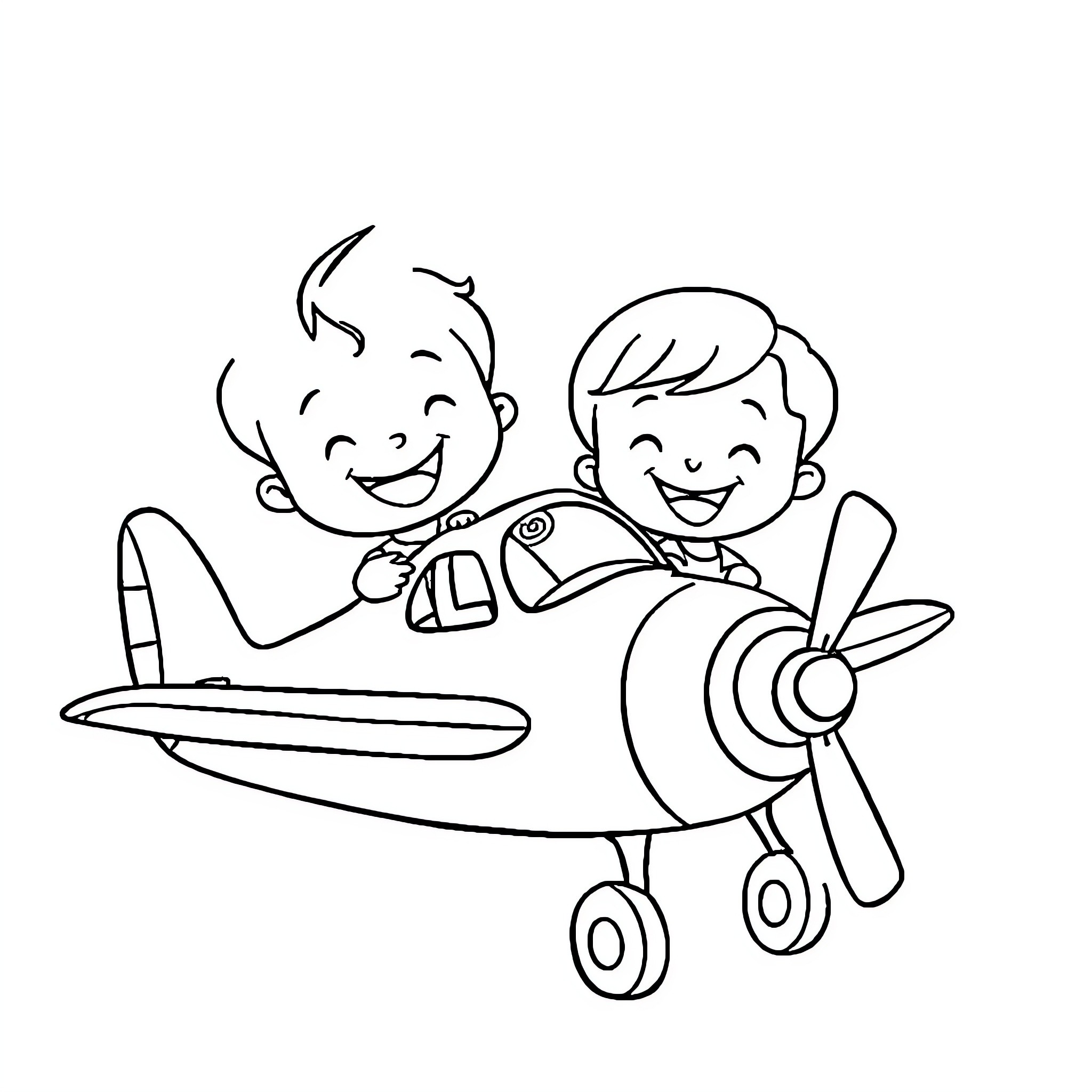 Kid pilots playing with toy airplane Coloring Page (free black-and-white line drawing printable PDF for all, from beginners to advanced learners, including children, teens, adults, and seniors)