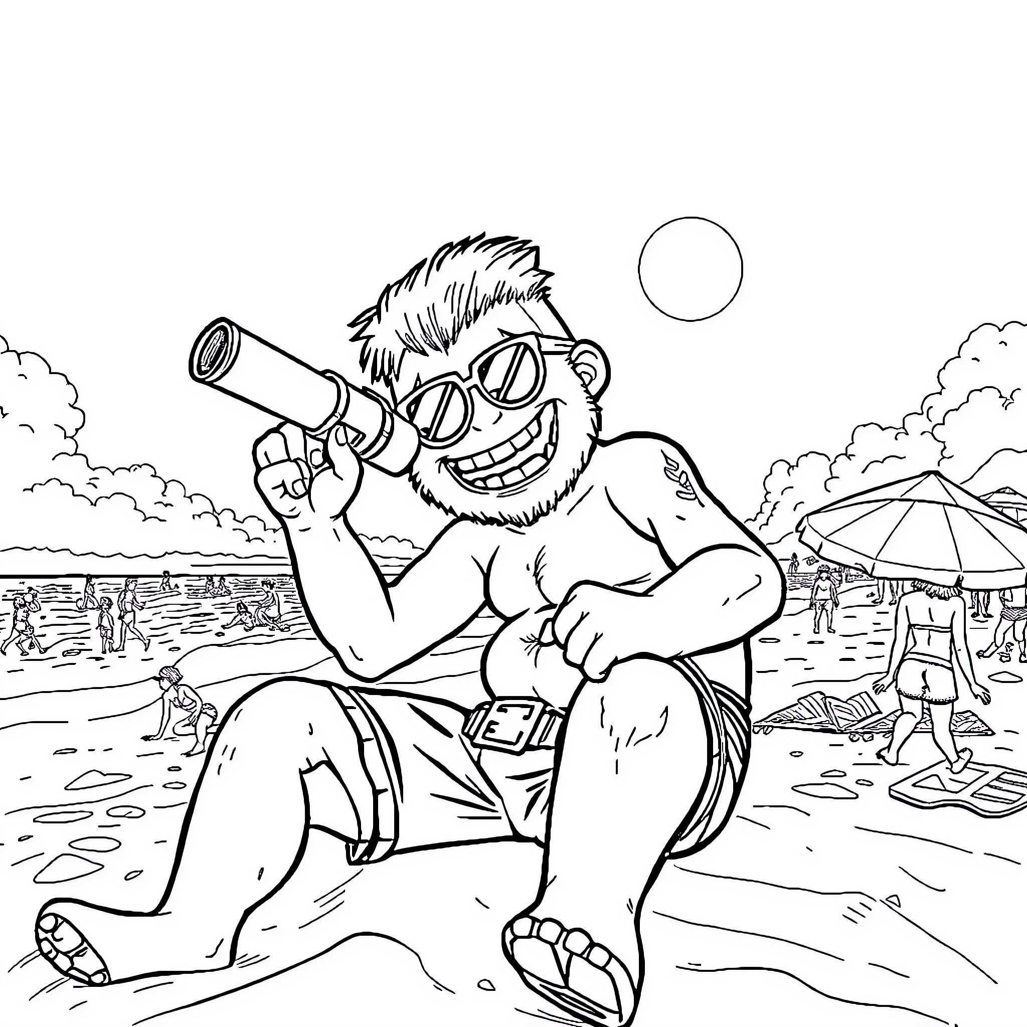 Bazooka-wielding beachgoer enjoys sunny day Coloring Page (free black-and-white line drawing printable PDF for all, from beginners to advanced learners, including children, teens, adults, and seniors)