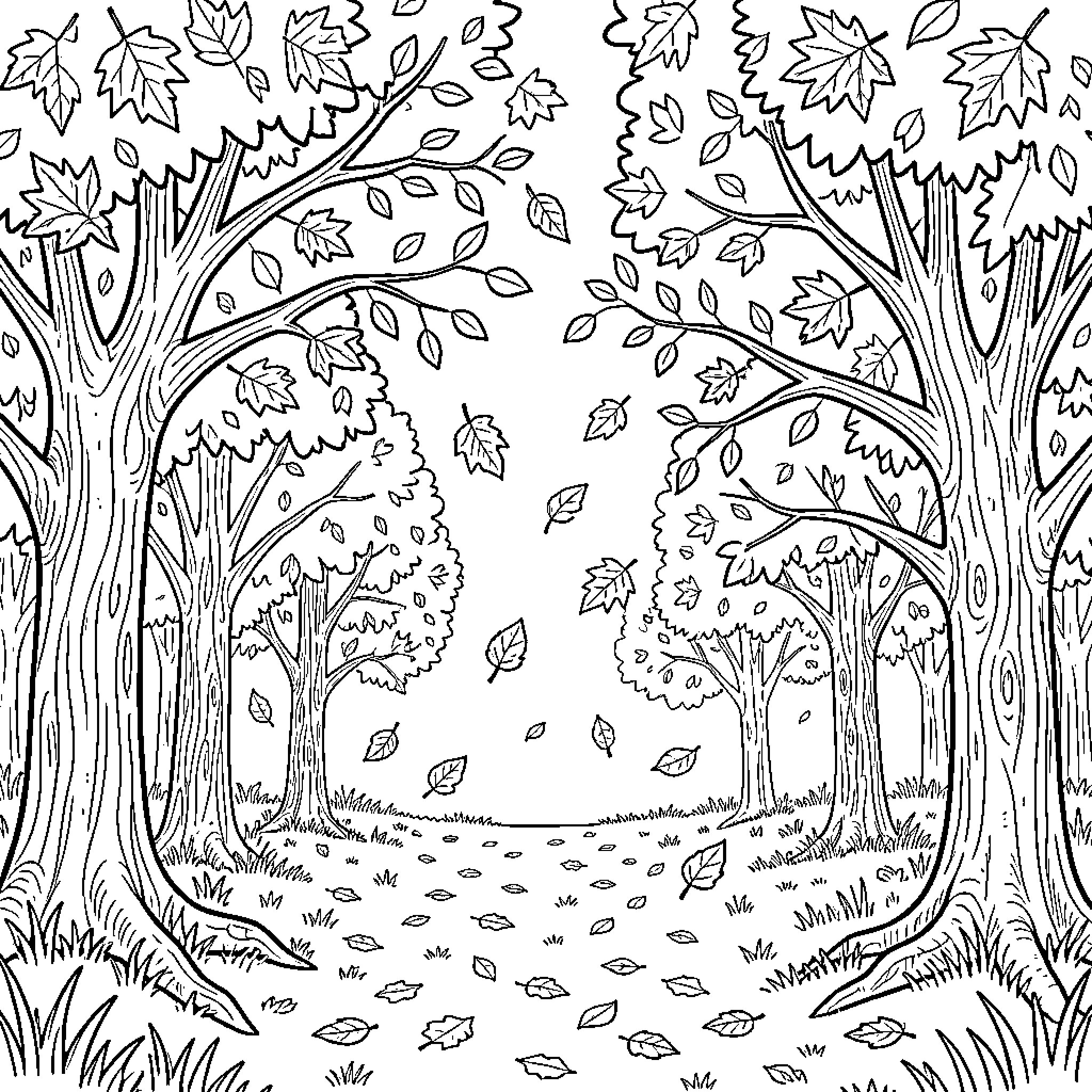 Fall leaves falling gently through a quiet forest Coloring Page (free black-and-white line drawing printable PDF for all, from beginners to advanced learners, including children, teens, adults, and seniors)