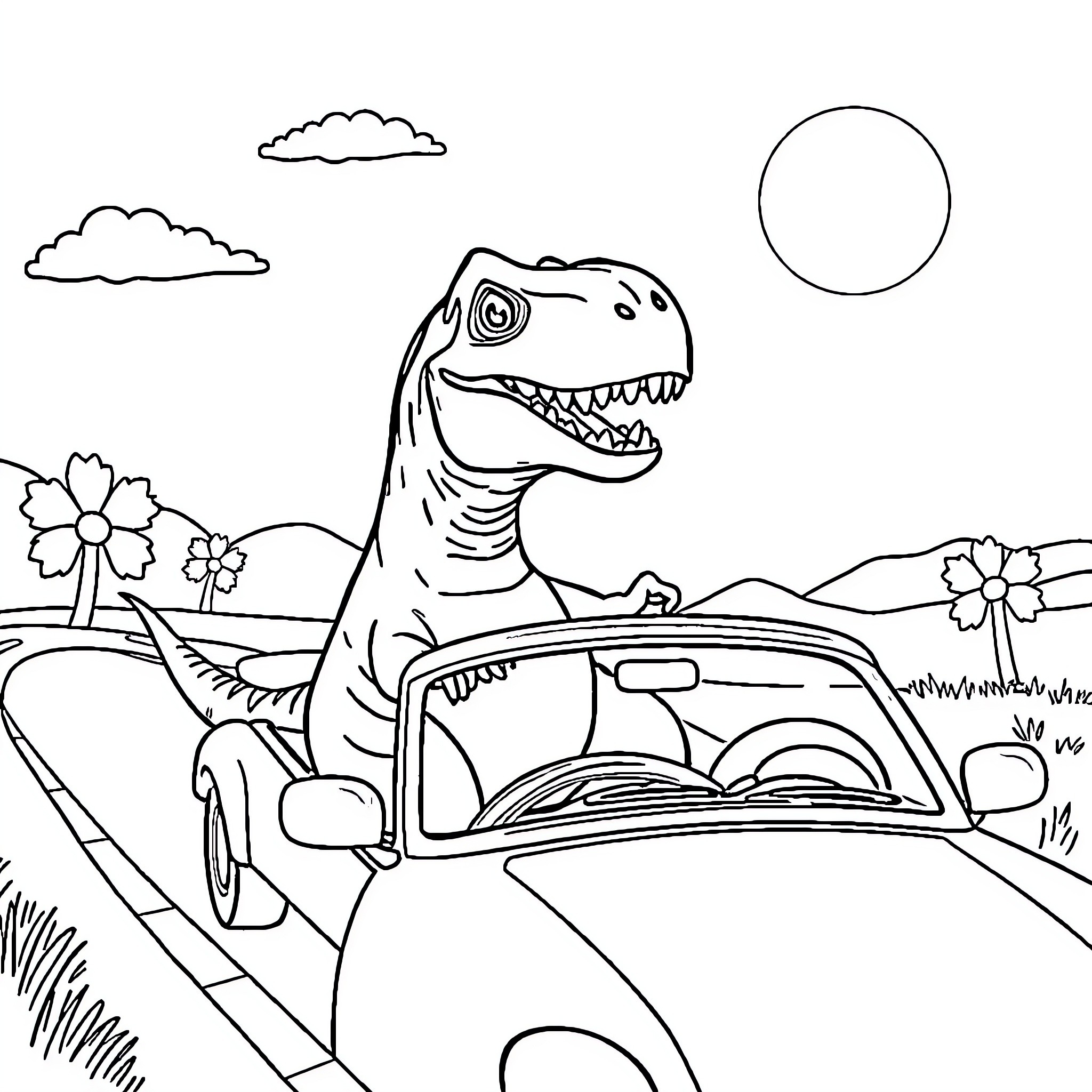 T-Rex driving a car through a countryside landscape Coloring Page (free black-and-white line drawing printable PDF for all, from beginners to advanced learners, including children, teens, adults, and seniors)