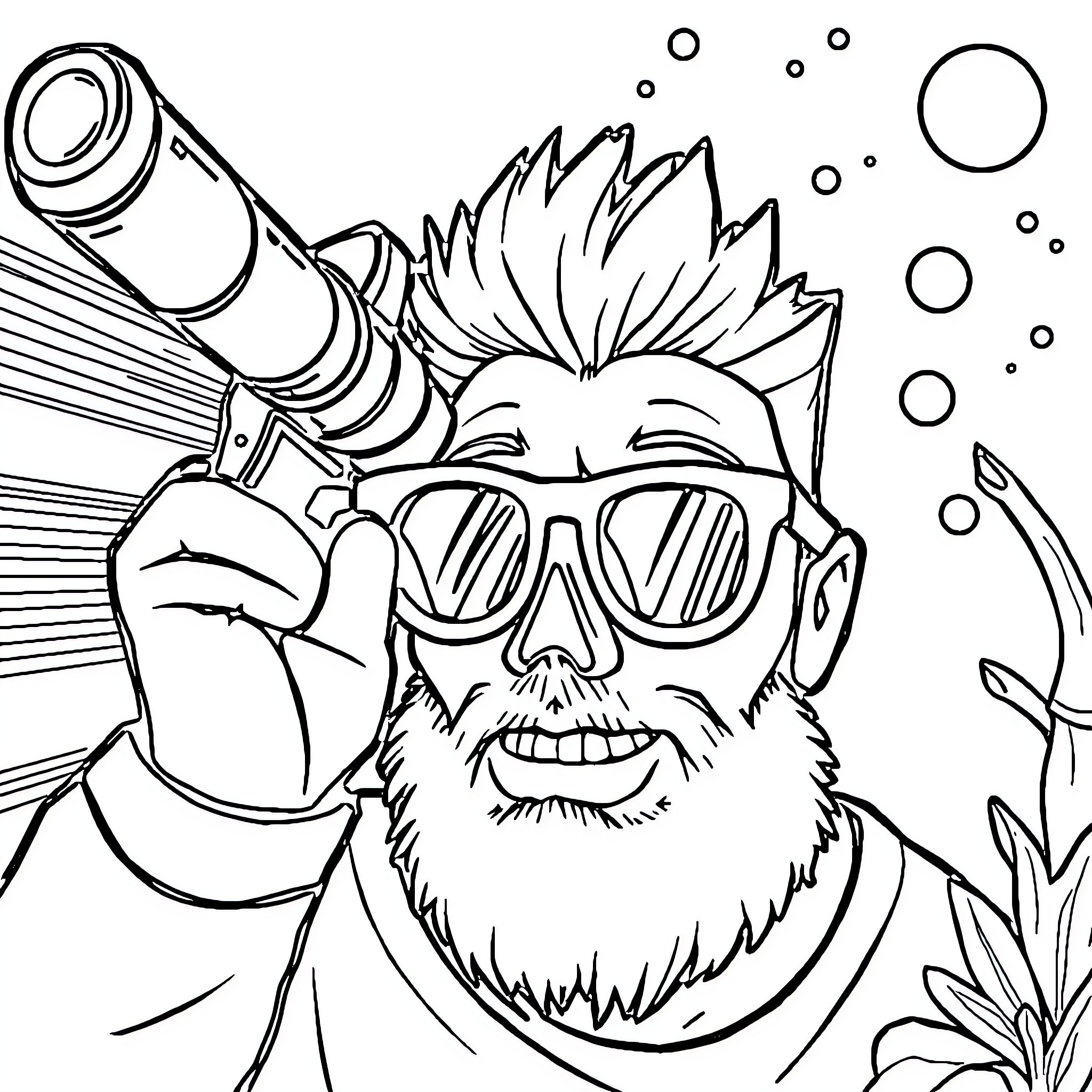 Tubers93 Scuba Diver Exploring Underwater Scene Coloring Page (free black-and-white line drawing printable PDF for all, from beginners to advanced learners, including children, teens, adults, and seniors)