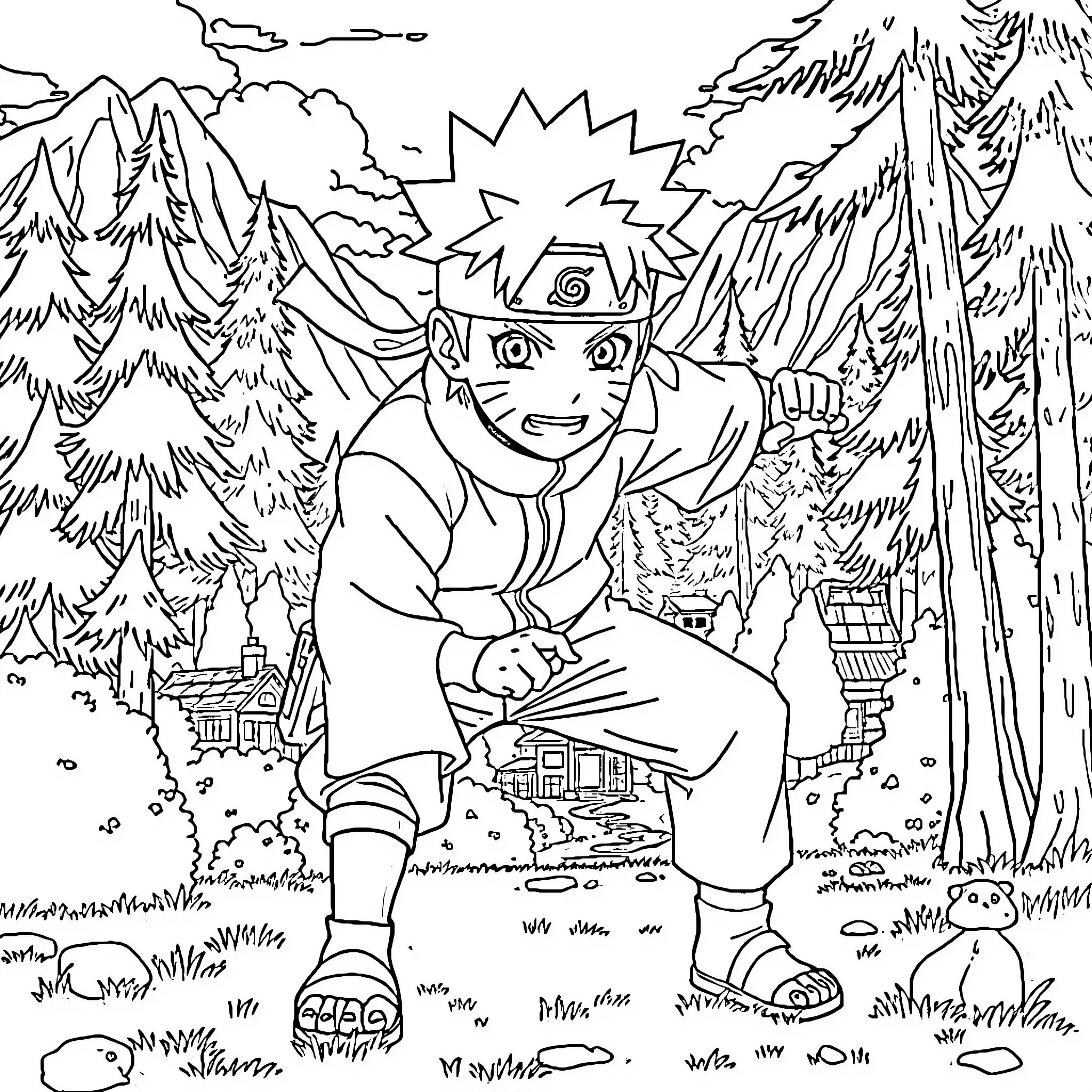 Naruto's Adventure in the Enchanted Forest Coloring Page (free black-and-white line drawing printable PDF for all, from beginners to advanced learners, including children, teens, adults, and seniors)