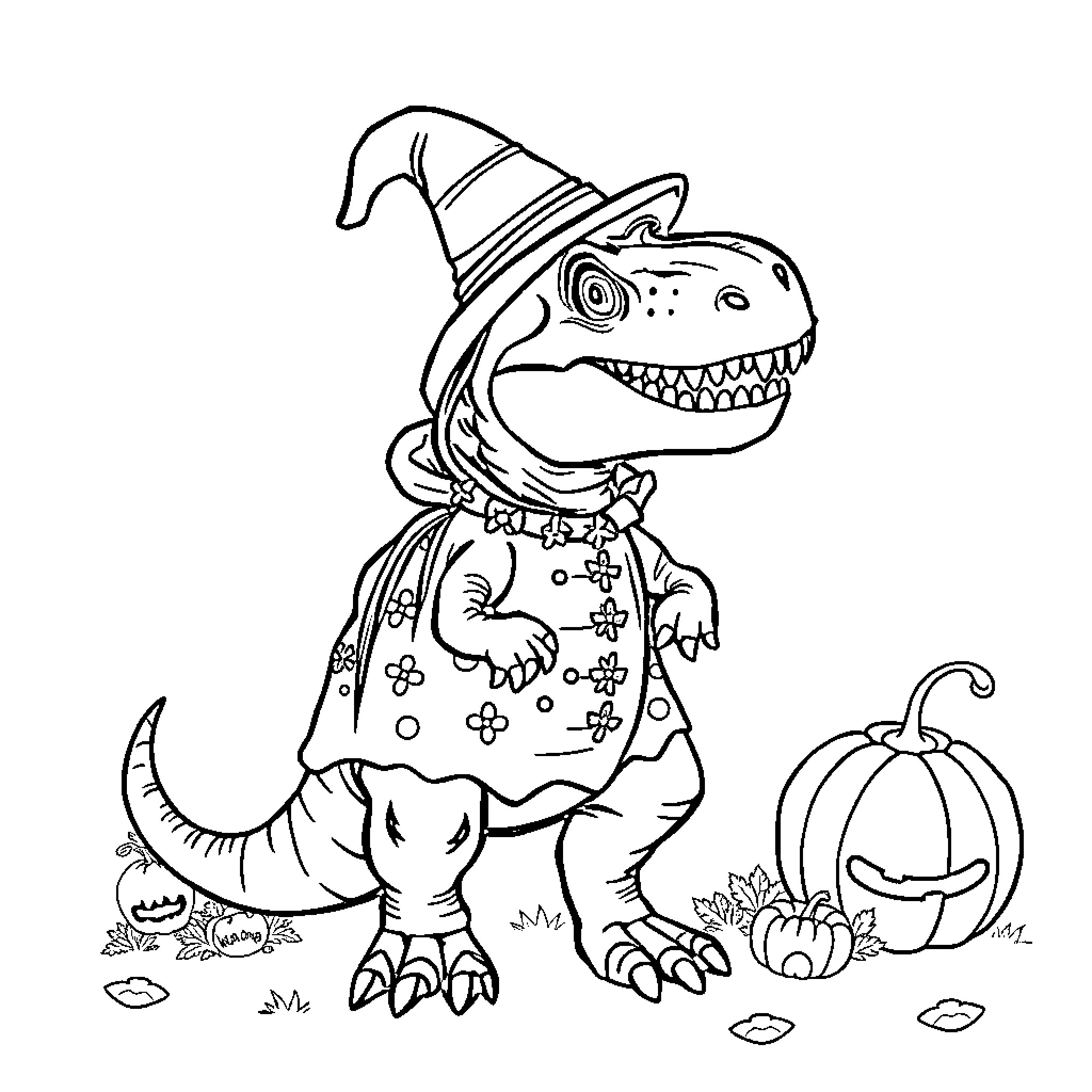 Dinosaur dressed as a witch with pumpkins Coloring Page (free black-and-white line drawing printable PDF for all, from beginners to advanced learners, including children, teens, adults, and seniors)