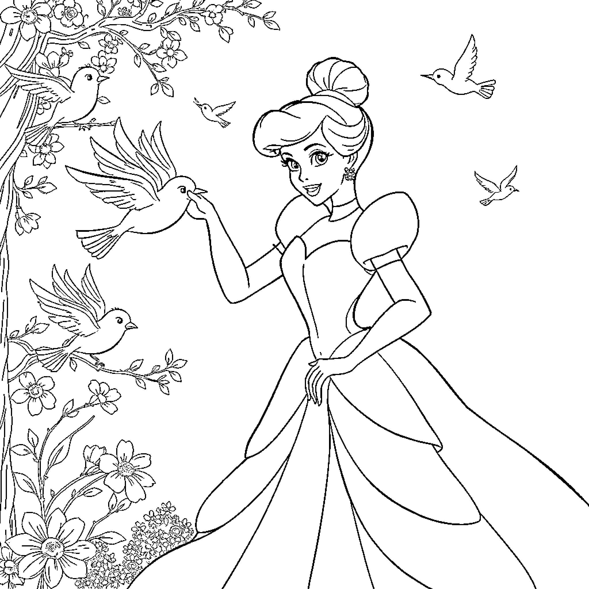 Cinderella with birds in a floral scene Coloring Page (free black-and-white line drawing printable PDF for all, from beginners to advanced learners, including children, teens, adults, and seniors)