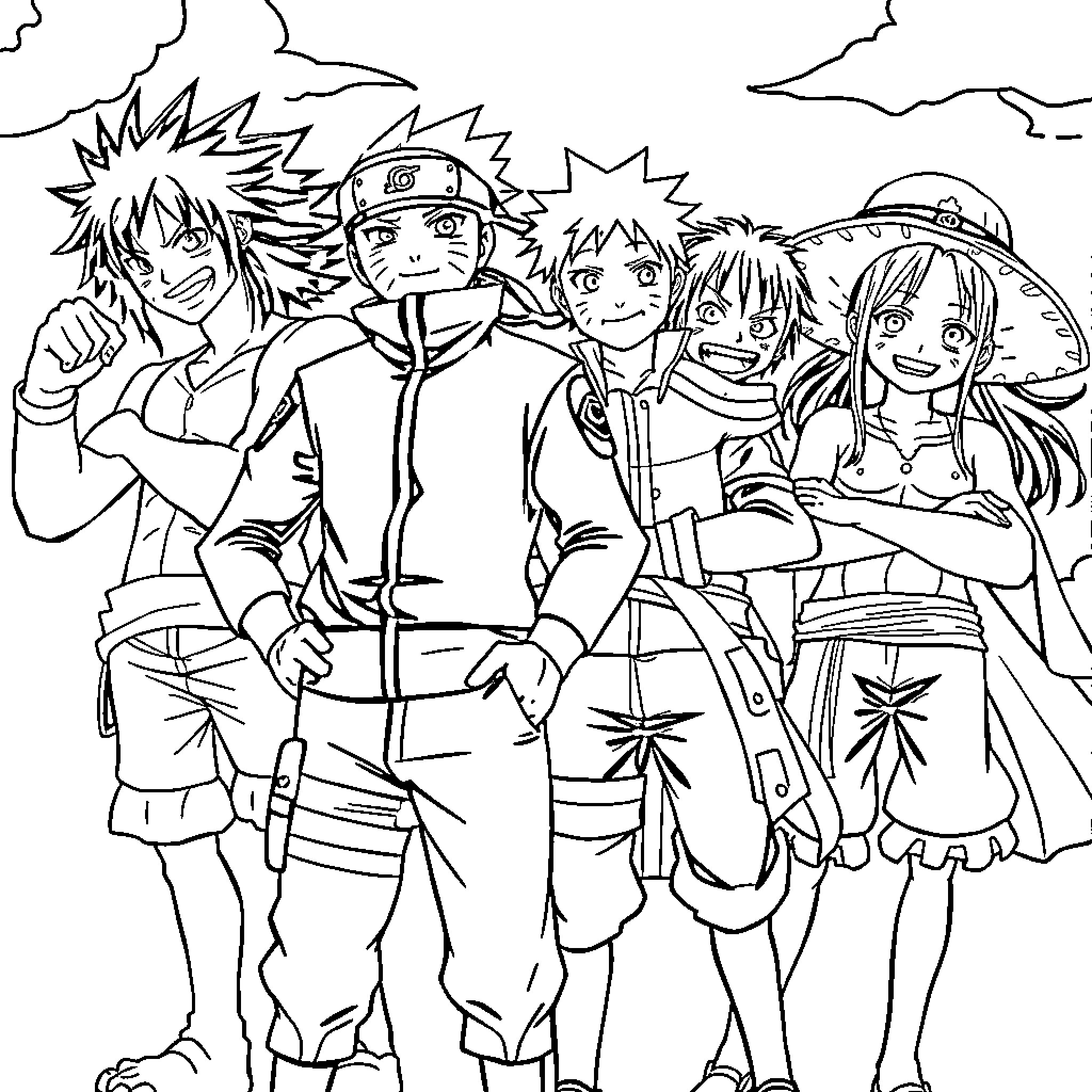 Naruto and friends on an adventure Coloring Page (free black-and-white line drawing printable PDF for all, from beginners to advanced learners, including children, teens, adults, and seniors)