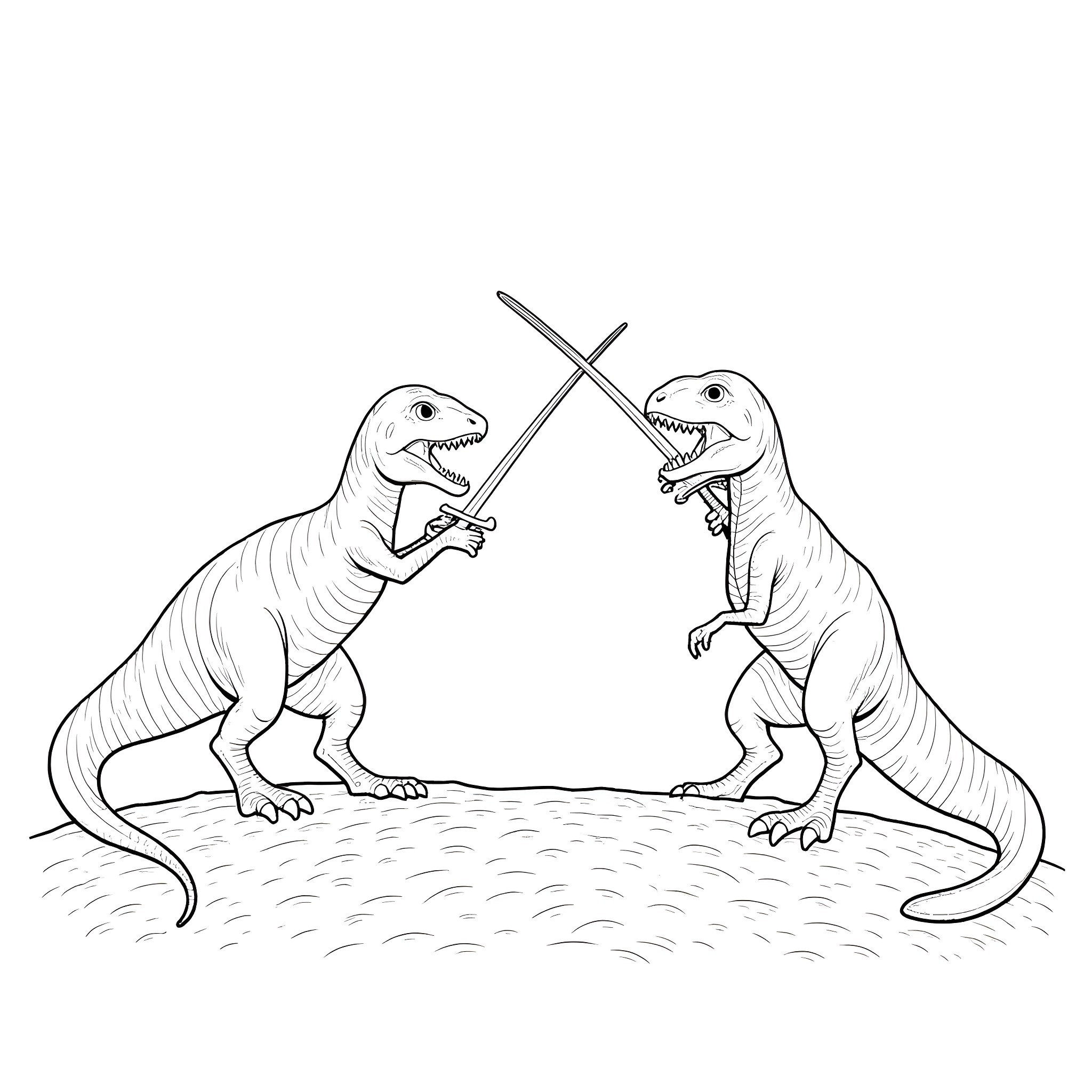 Dinosaurs dueling with swords Coloring Page (free black-and-white line drawing printable PDF for all, from beginners to advanced learners, including children, teens, adults, and seniors)