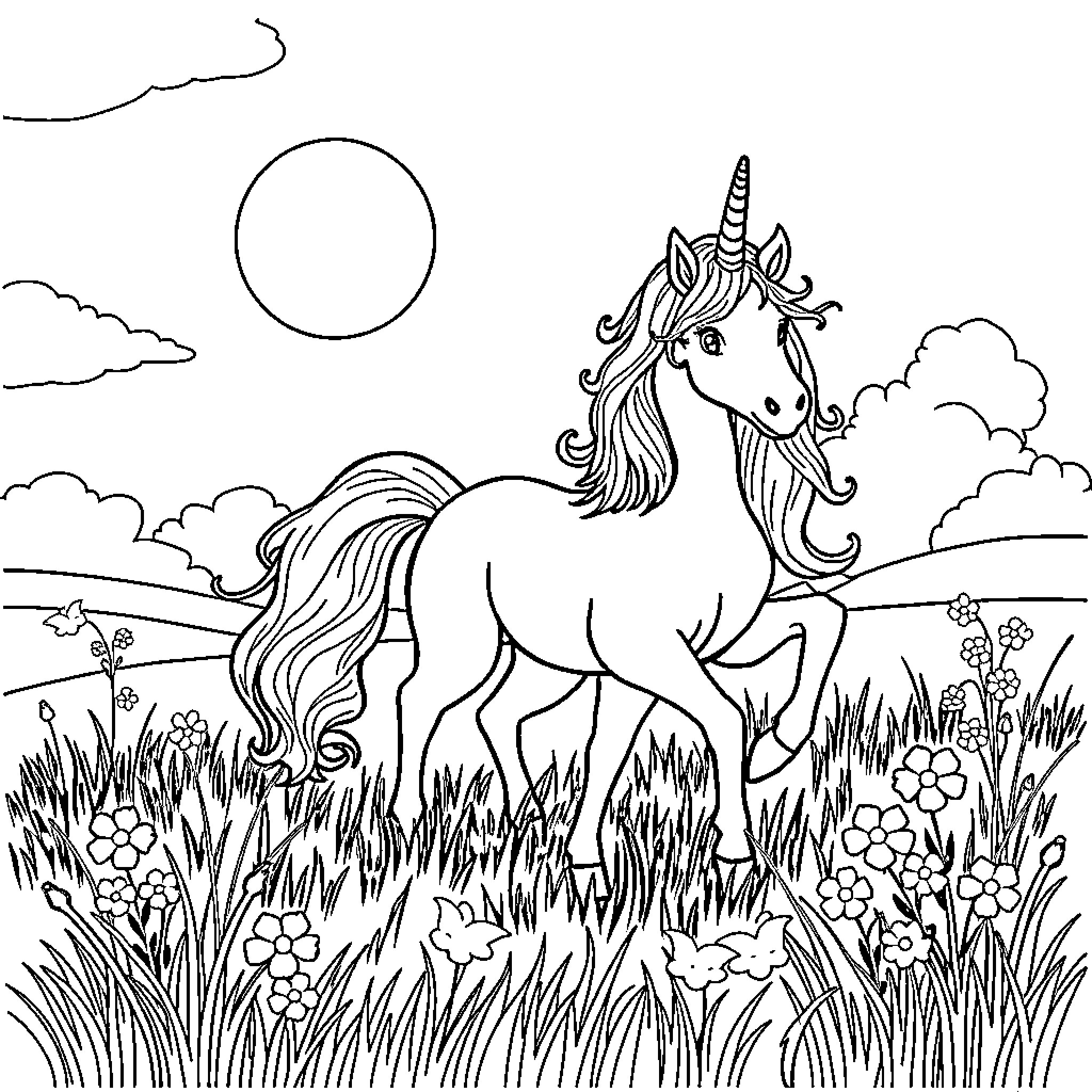 Unicorn frolicking gracefully in a meadow Coloring Page (free black-and-white line drawing printable PDF for all, from beginners to advanced learners, including children, teens, adults, and seniors)