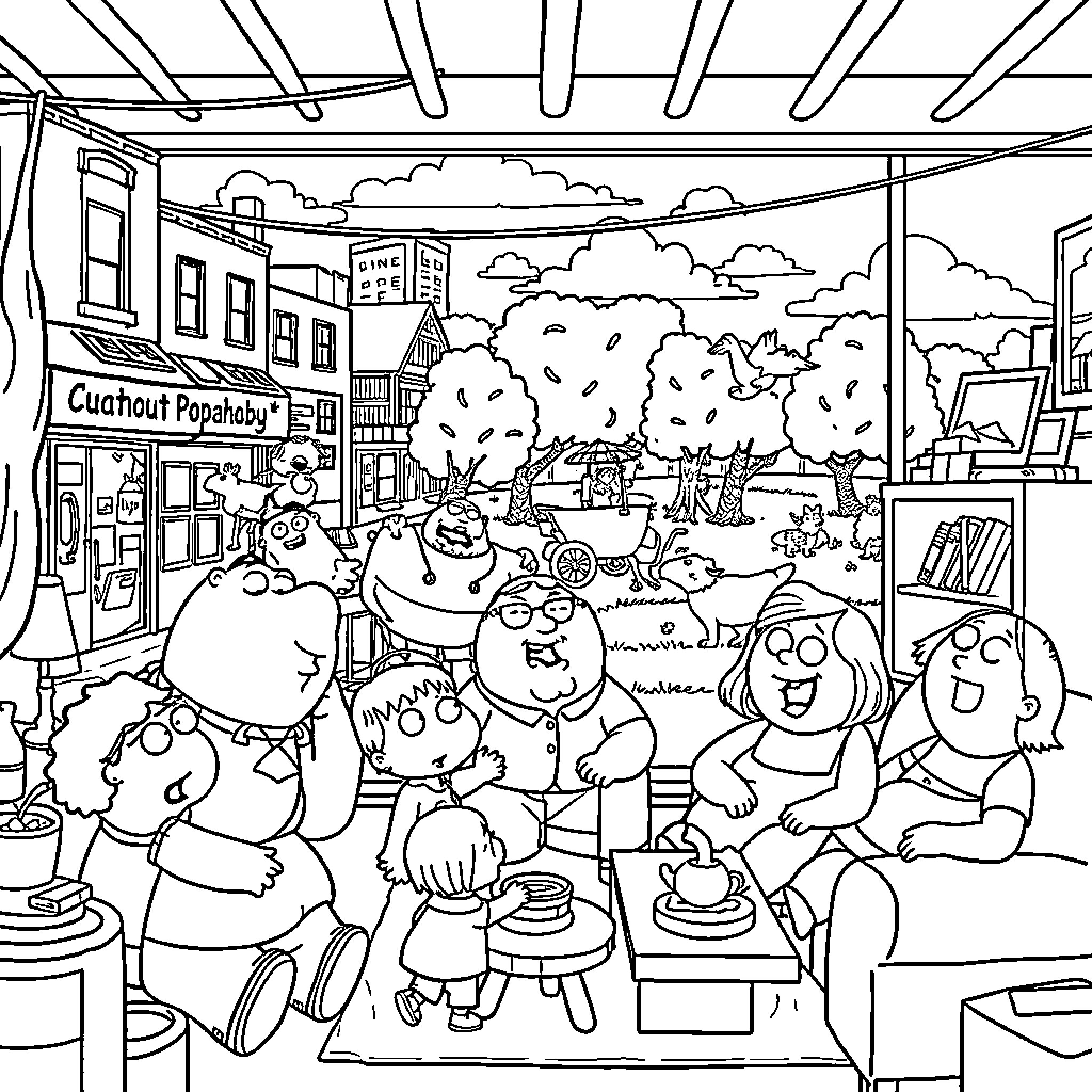 Family Guy Characters Enjoying a Day Out Coloring Page (free black-and-white line drawing printable PDF for all, from beginners to advanced learners, including children, teens, adults, and seniors)