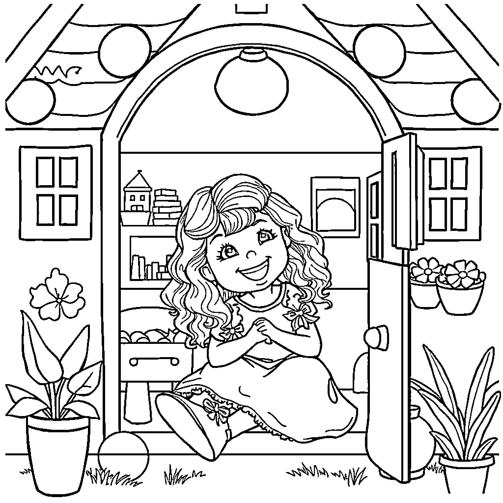 Girl Sitting in Cozy Indoor Scene Coloring Page (free black-and-white line drawing printable PDF for all, from beginners to advanced learners, including children, teens, adults, and seniors)
