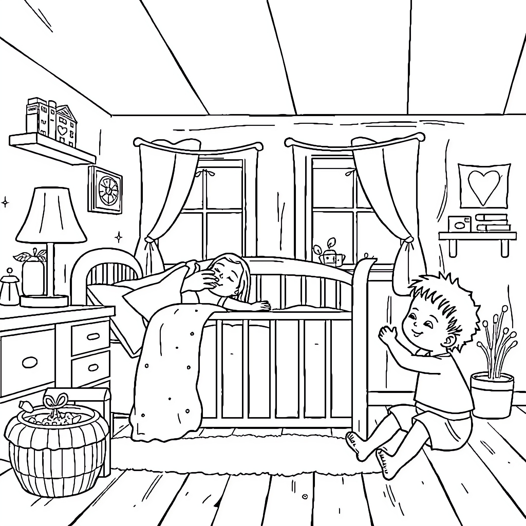 Mother comforts sleeping child in cozy nursery Coloring Page (free black-and-white line drawing printable PDF for all, from beginners to advanced learners, including children, teens, adults, and seniors)