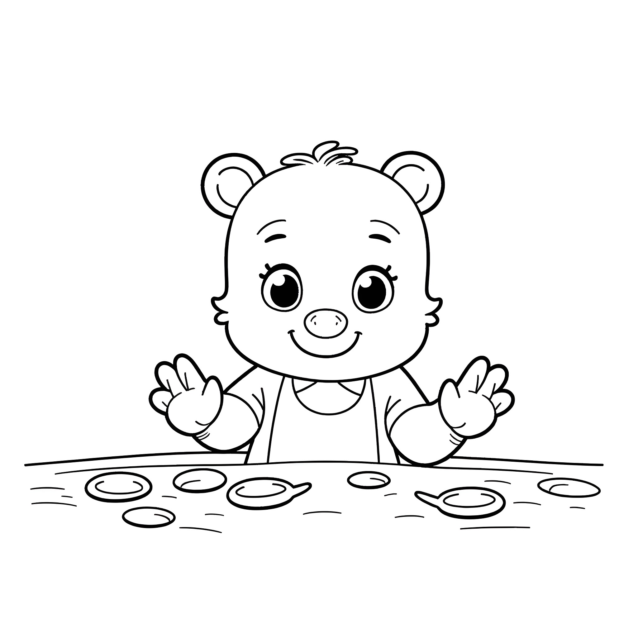 Mr T playing joyfully in puddles Coloring Page (free black-and-white line drawing printable PDF for all, from beginners to advanced learners, including children, teens, adults, and seniors)