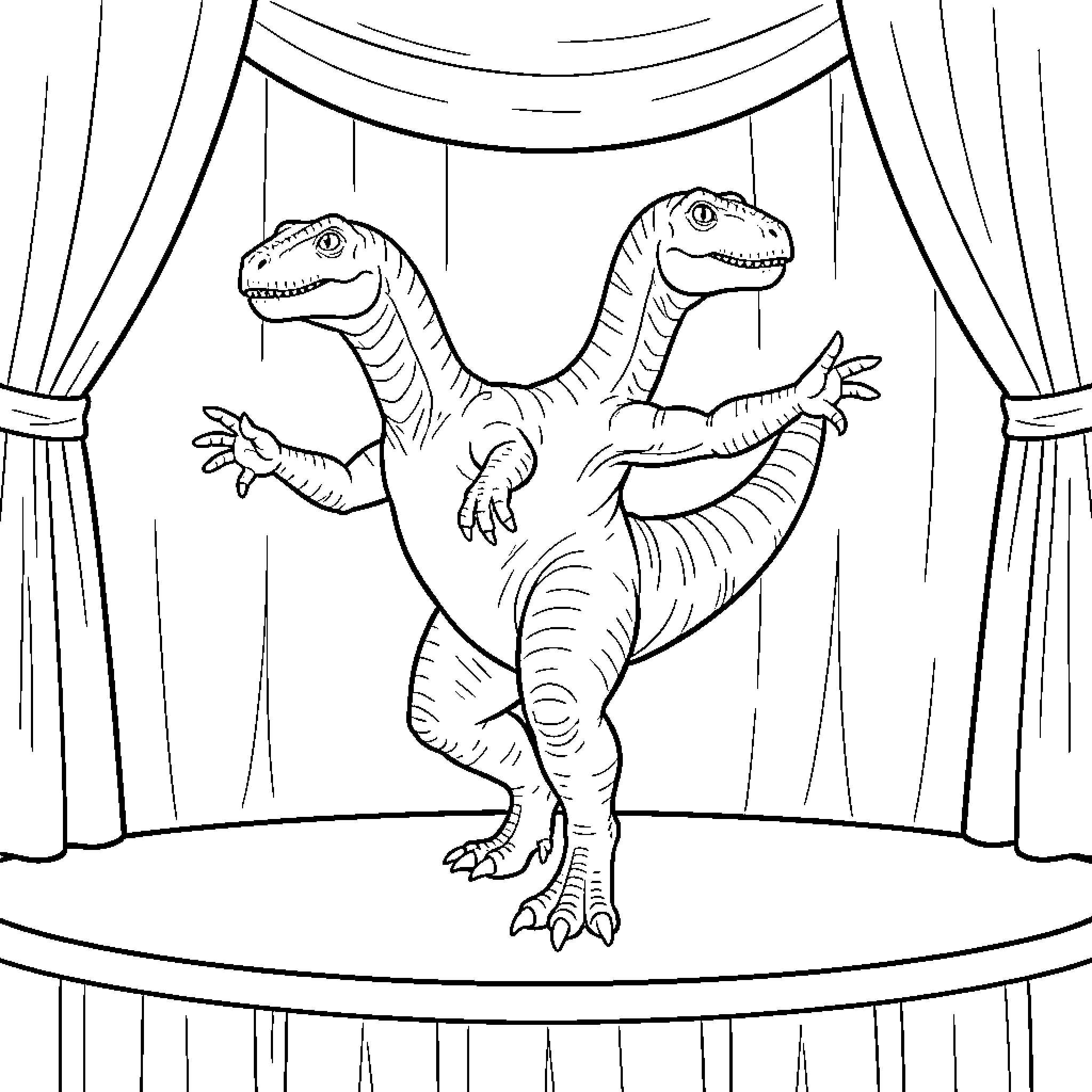 Pachysaurus dancing joyfully on a theater stage Coloring Page (free black-and-white line drawing printable PDF for all, from beginners to advanced learners, including children, teens, adults, and seniors)