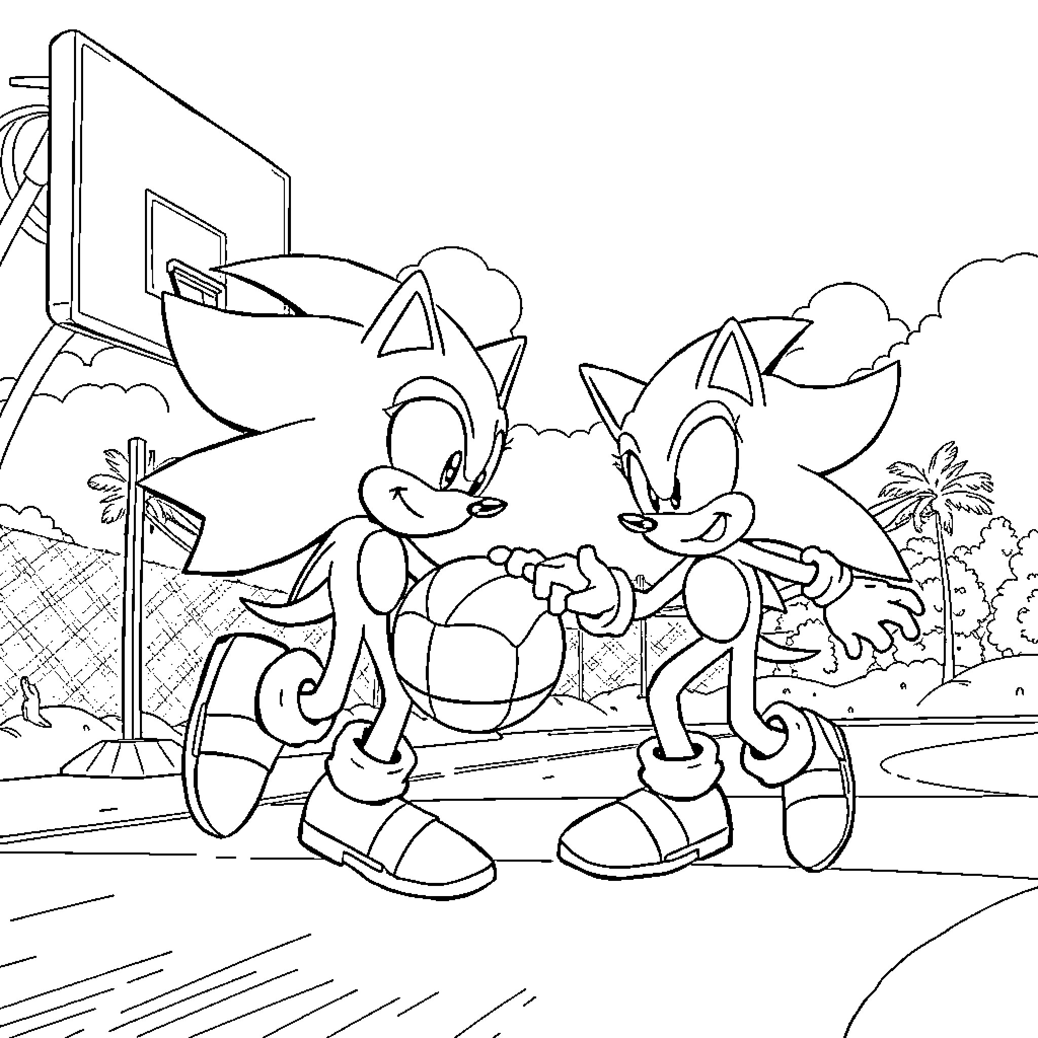 Hedgehog friends playing basketball outdoors Coloring Page (free black-and-white line drawing printable PDF for all, from beginners to advanced learners, including children, teens, adults, and seniors)