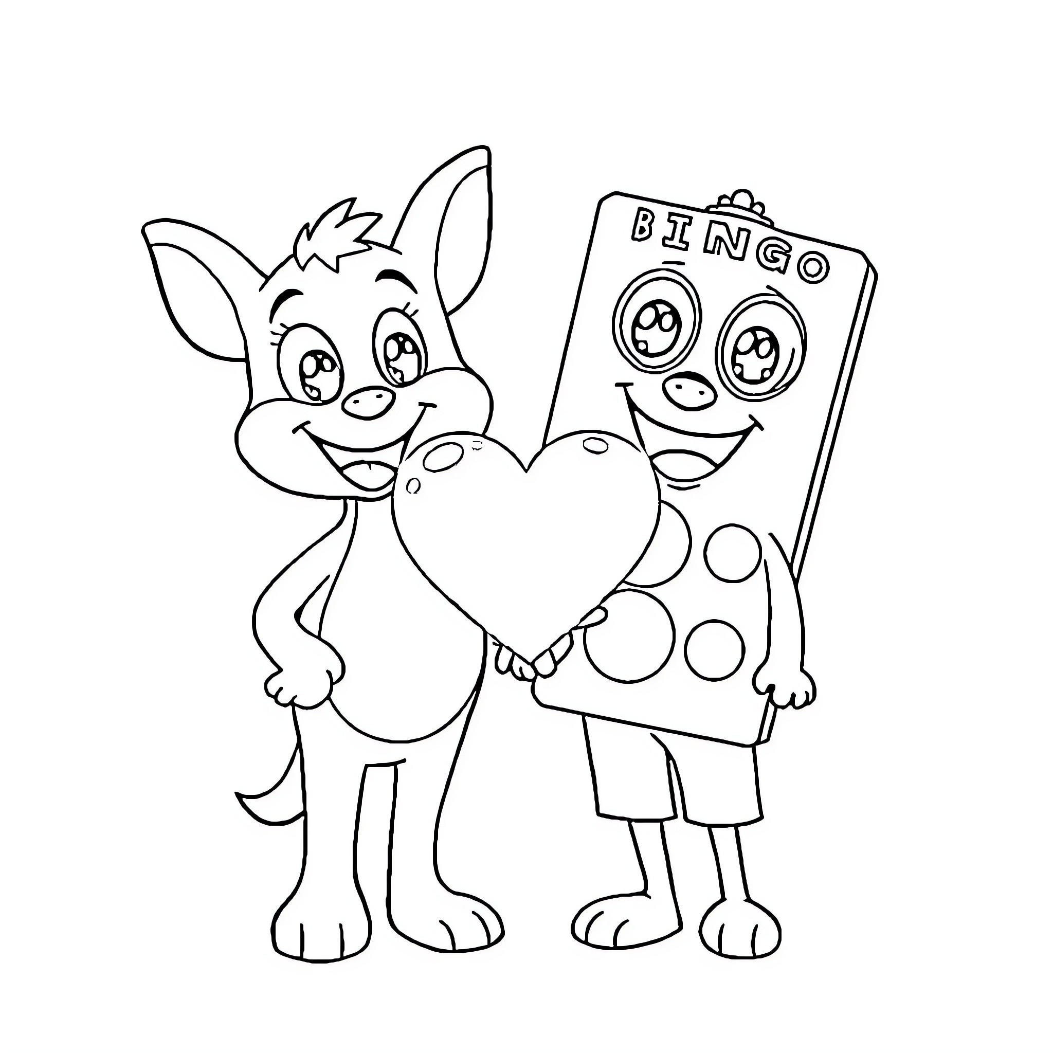 Bluey playing Bingo with Bingo card Coloring Page (free black-and-white line drawing printable PDF for all, from beginners to advanced learners, including children, teens, adults, and seniors)