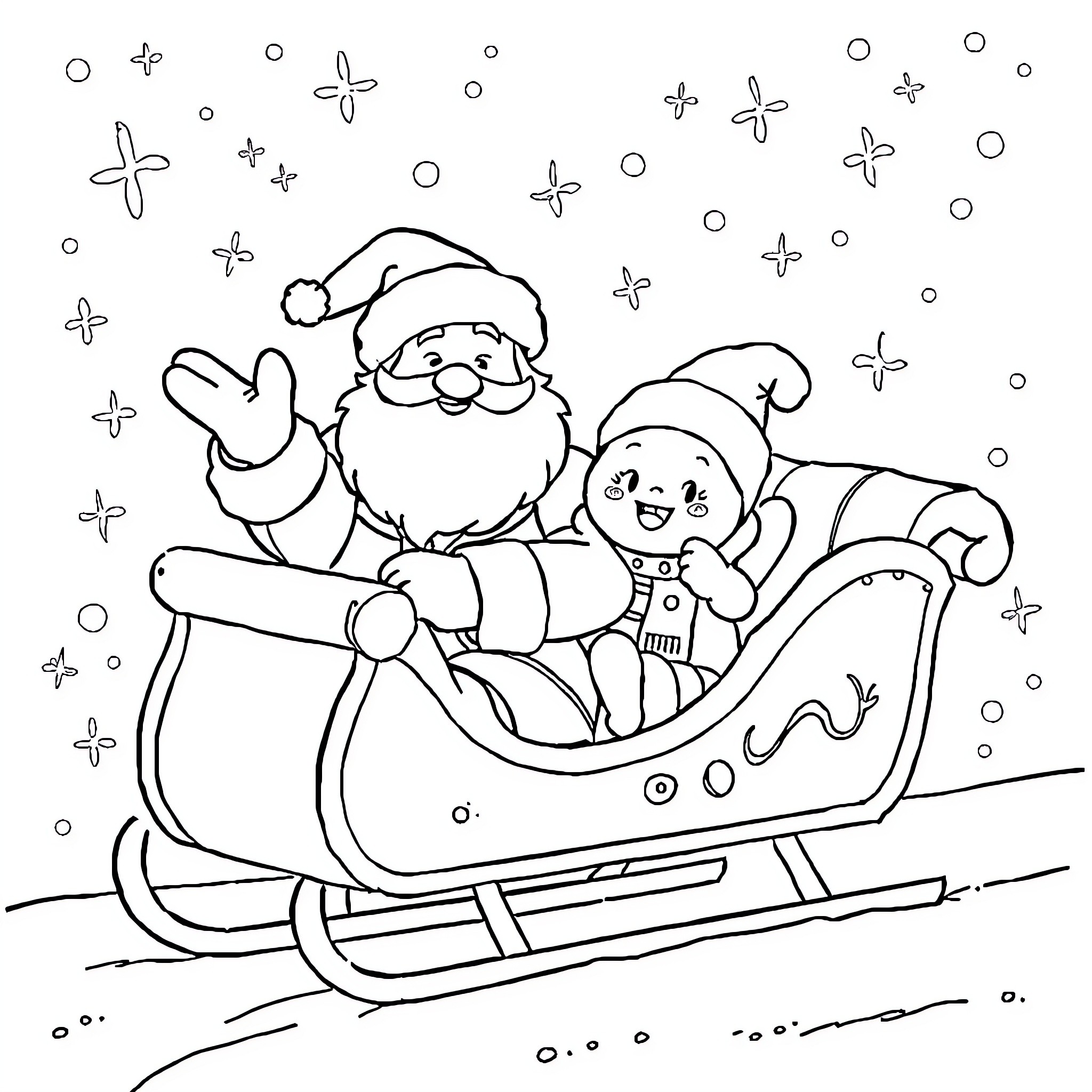 Père Noël waving with snowman friend in sleigh Coloring Page (free black-and-white line drawing printable PDF for all, from beginners to advanced learners, including children, teens, adults, and seniors)