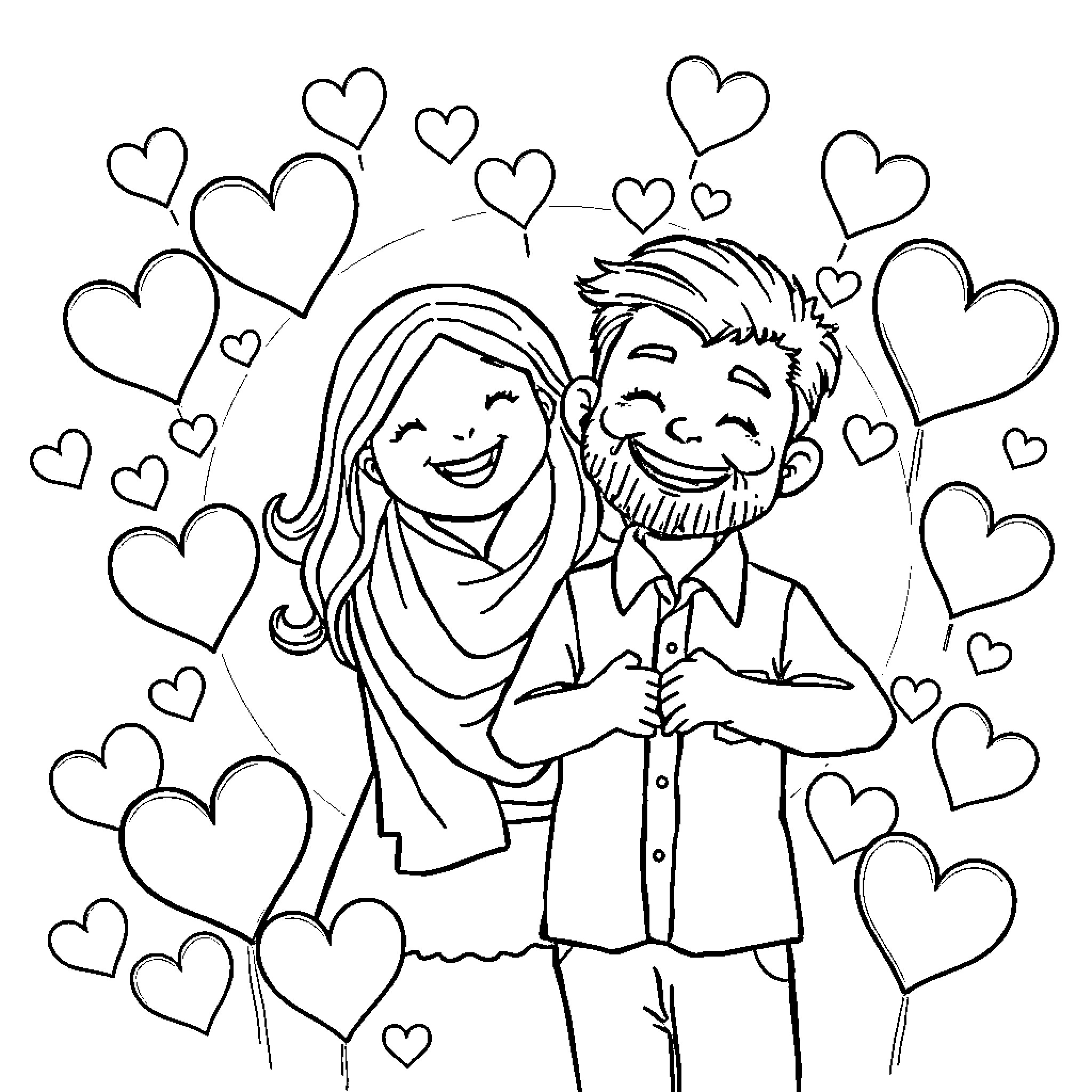 Father and Daughter in Loving Embrace Coloring Page (free black-and-white line drawing printable PDF for all, from beginners to advanced learners, including children, teens, adults, and seniors)