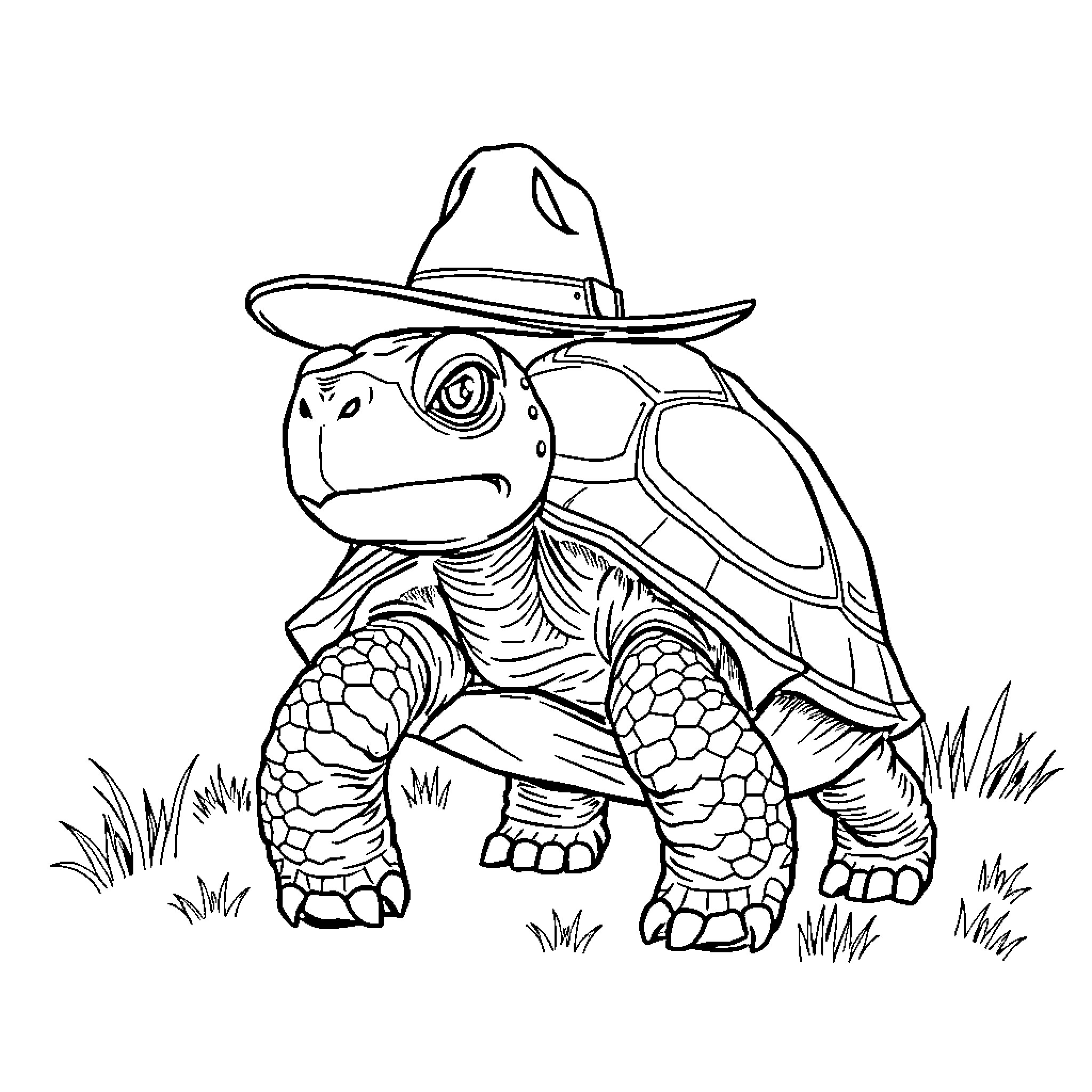 Tortoise wearing a hat and exploring the outdoors Coloring Page (free black-and-white line drawing printable PDF for all, from beginners to advanced learners, including children, teens, adults, and seniors)