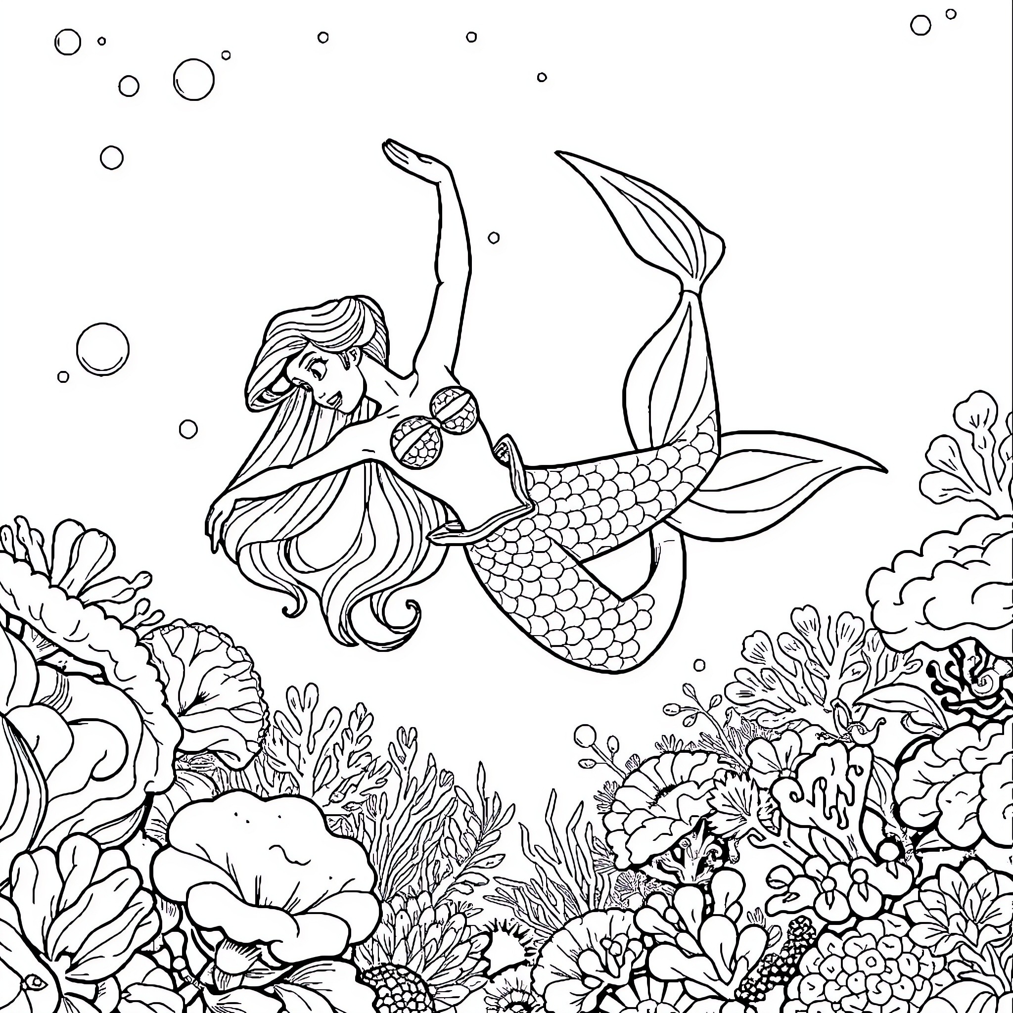 Mermaid gracefully swimming among coral reef Coloring Page (free black-and-white line drawing printable PDF for all, from beginners to advanced learners, including children, teens, adults, and seniors)