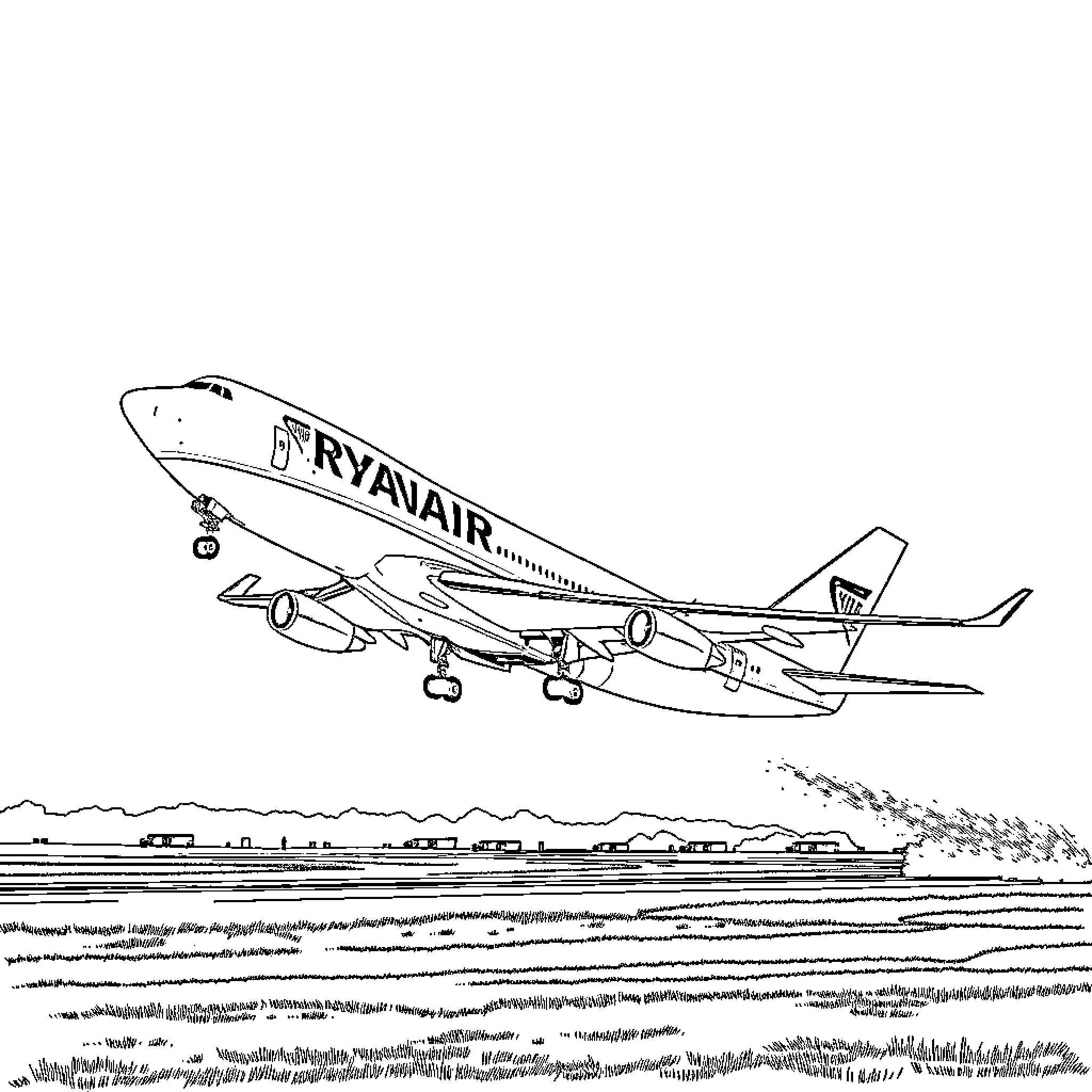 Boeing Ryanair Airliner Taking Off from Runway Coloring Page (free black-and-white line drawing printable PDF for all, from beginners to advanced learners, including children, teens, adults, and seniors)