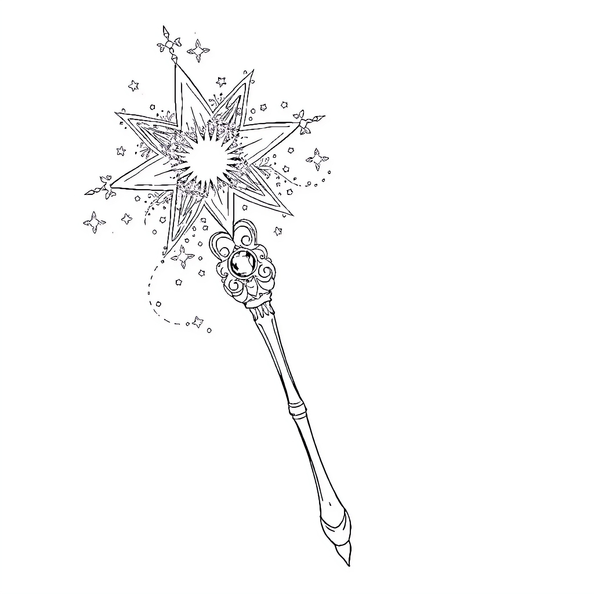 Fairy's Magical Wand with Sparkling Stars Coloring Page (free black-and-white line drawing printable PDF for all, from beginners to advanced learners, including children, teens, adults, and seniors)