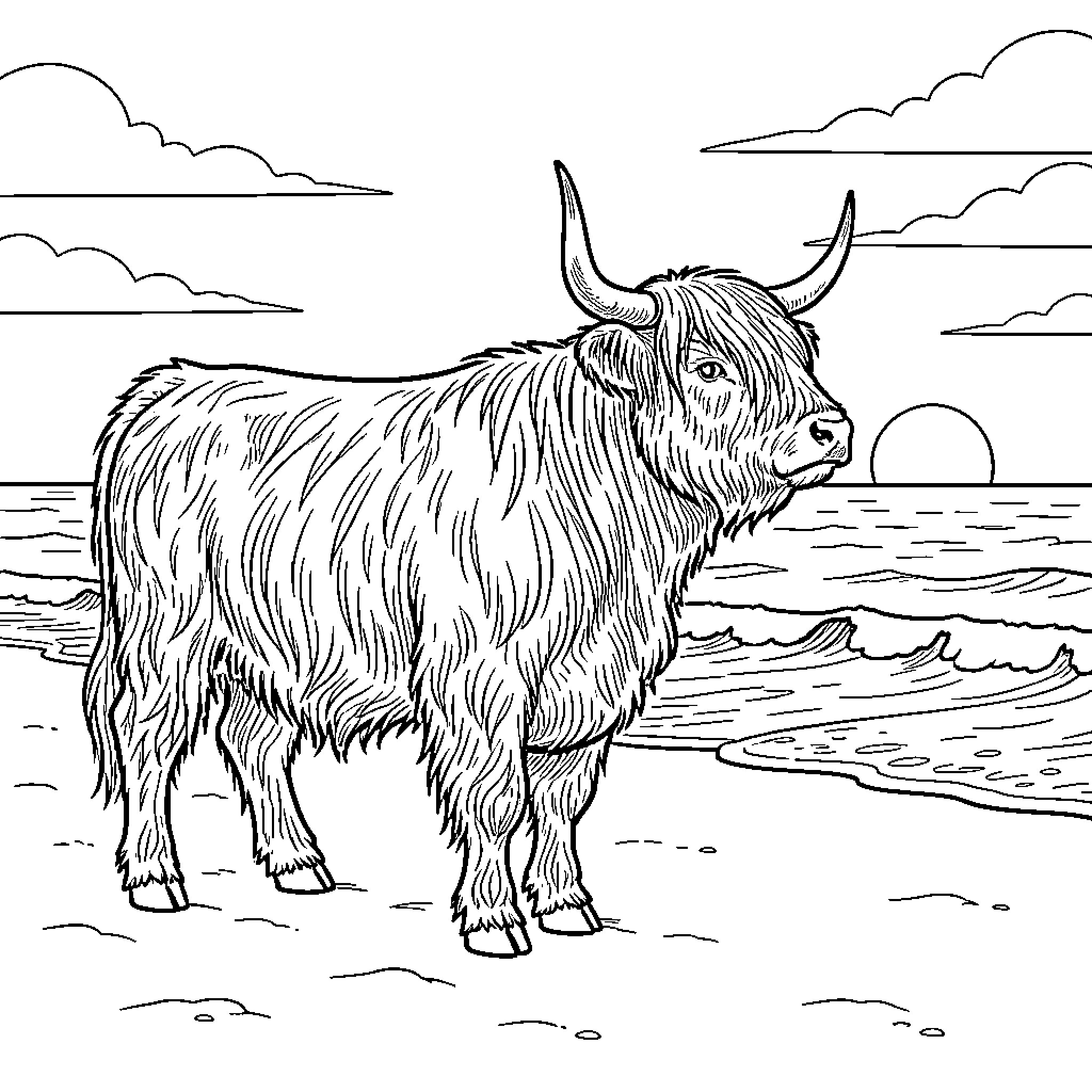 Highland Cow standing peacefully on a beach Coloring Page (free black-and-white line drawing printable PDF for all, from beginners to advanced learners, including children, teens, adults, and seniors)