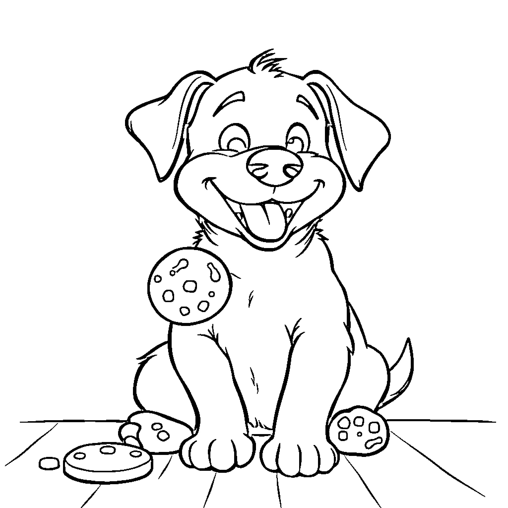 Dog enjoying a cookie treat Coloring Page (free black-and-white line drawing printable PDF for all, from beginners to advanced learners, including children, teens, adults, and seniors)