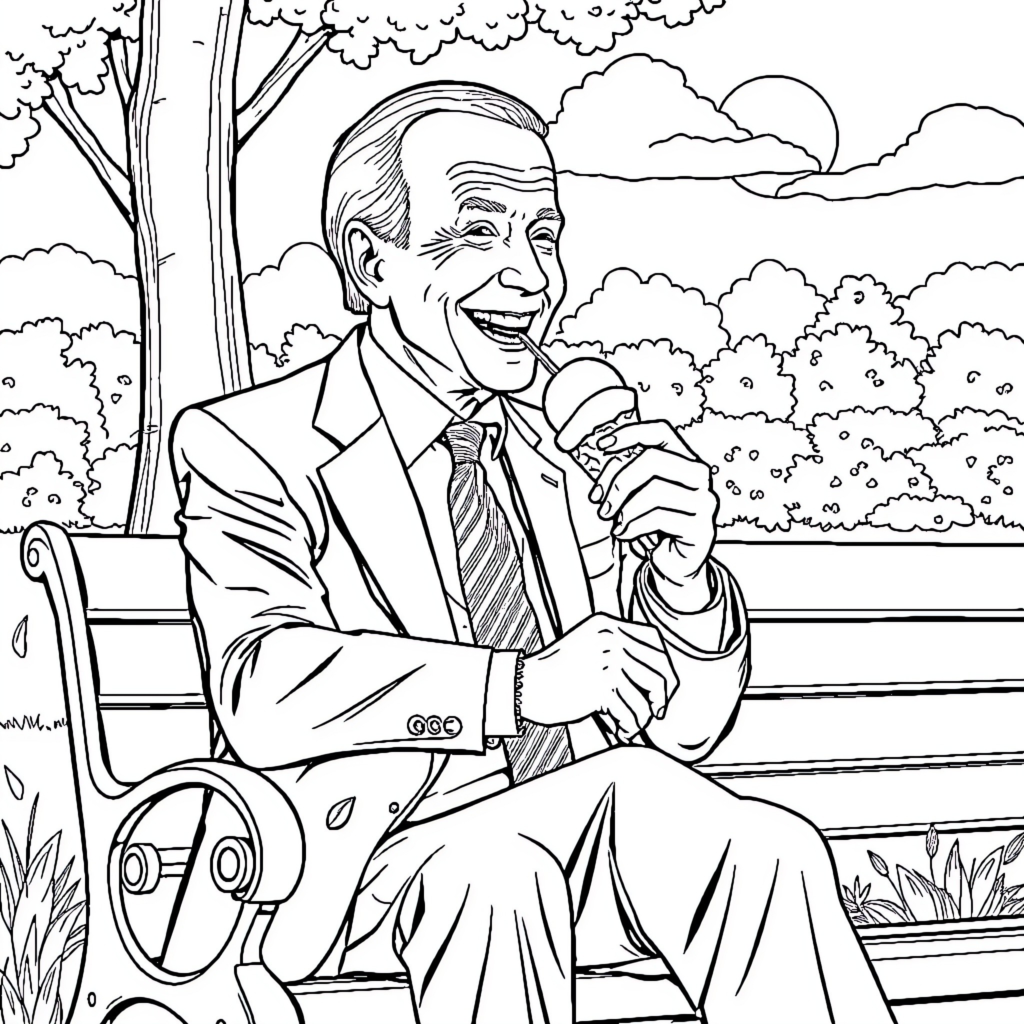 Joe Biden smiling and relaxing on a park bench Coloring Page (free black-and-white line drawing printable PDF for all, from beginners to advanced learners, including children, teens, adults, and seniors)