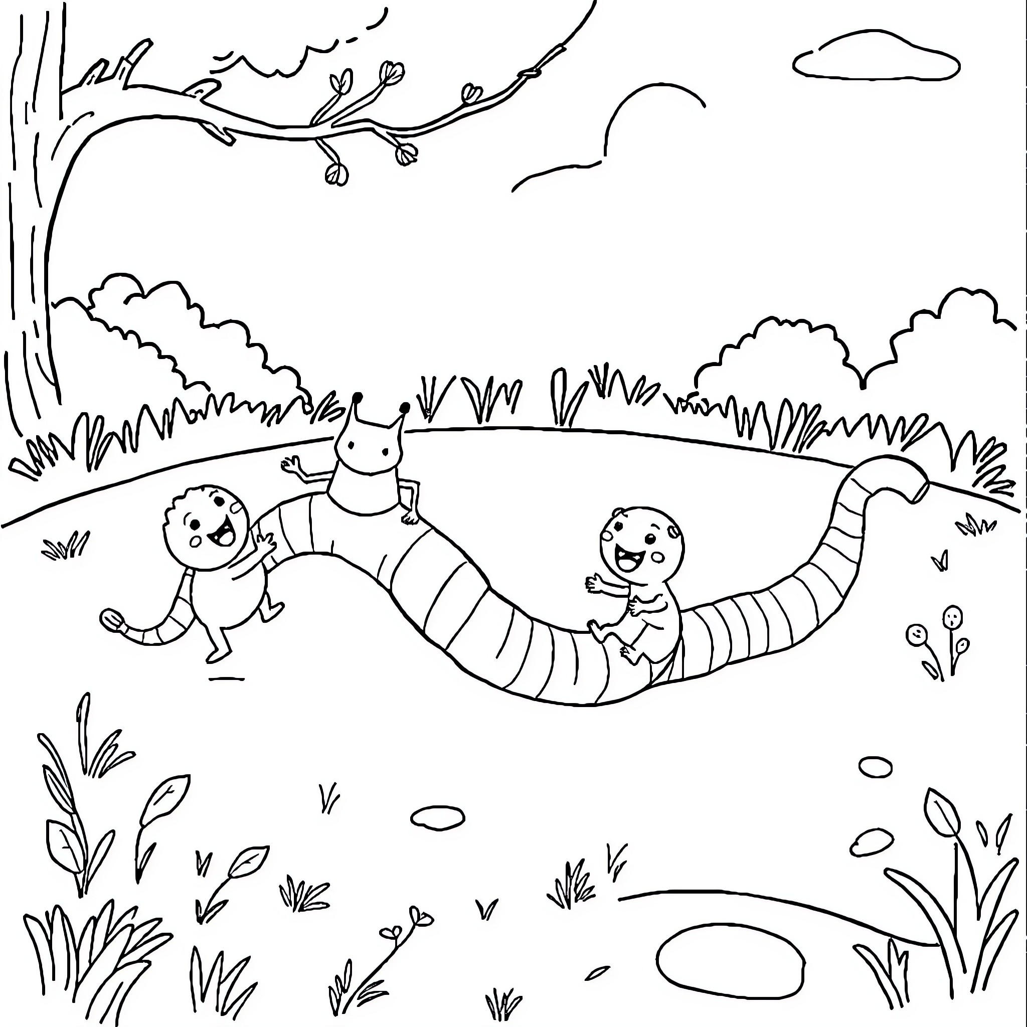 Minibeast friends exploring the outdoor landscape Coloring Page (free black-and-white line drawing printable PDF for all, from beginners to advanced learners, including children, teens, adults, and seniors)