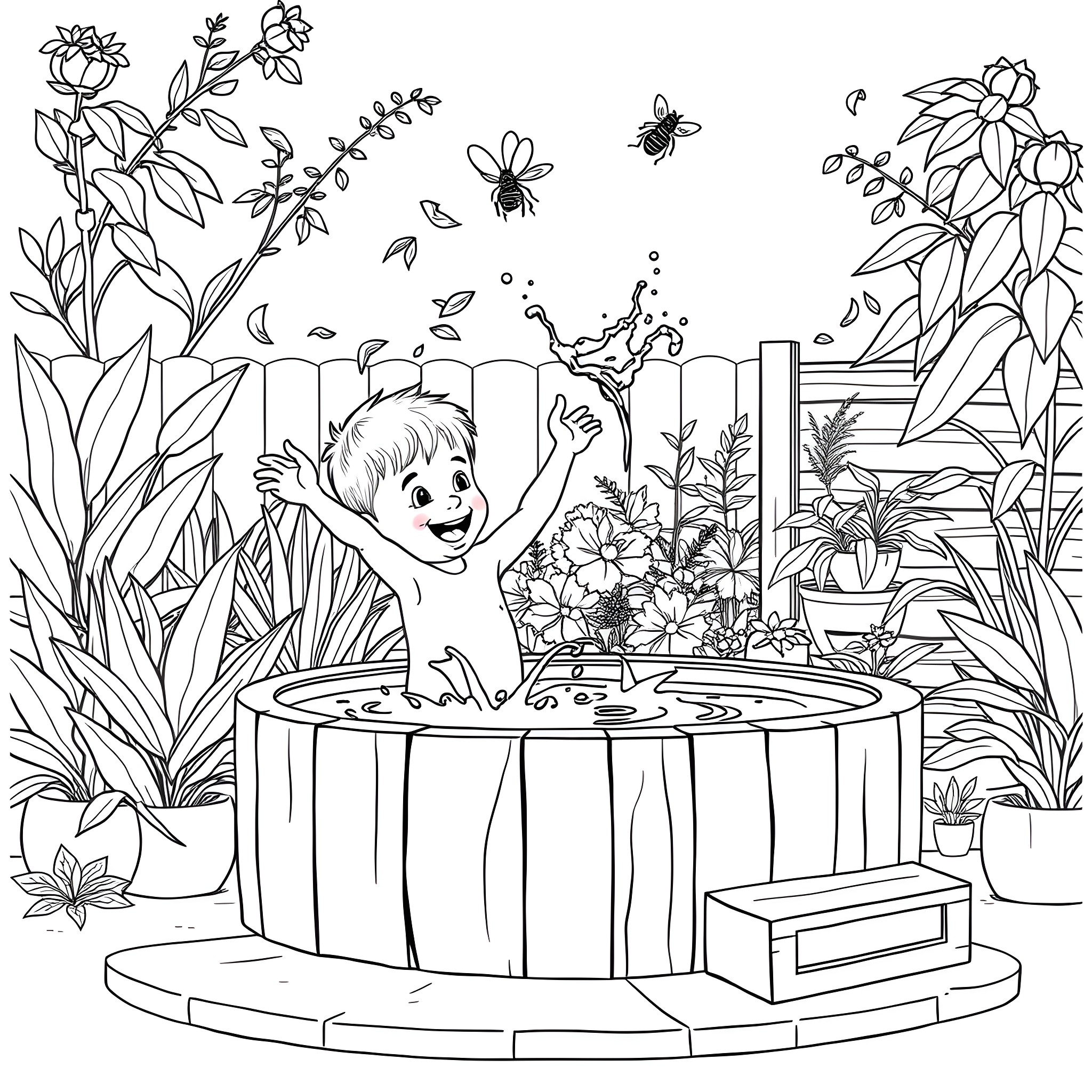 Child playing happily in garden with flowers and butterflies Coloring Page (free black-and-white line drawing printable PDF for all, from beginners to advanced learners, including children, teens, adults, and seniors)
