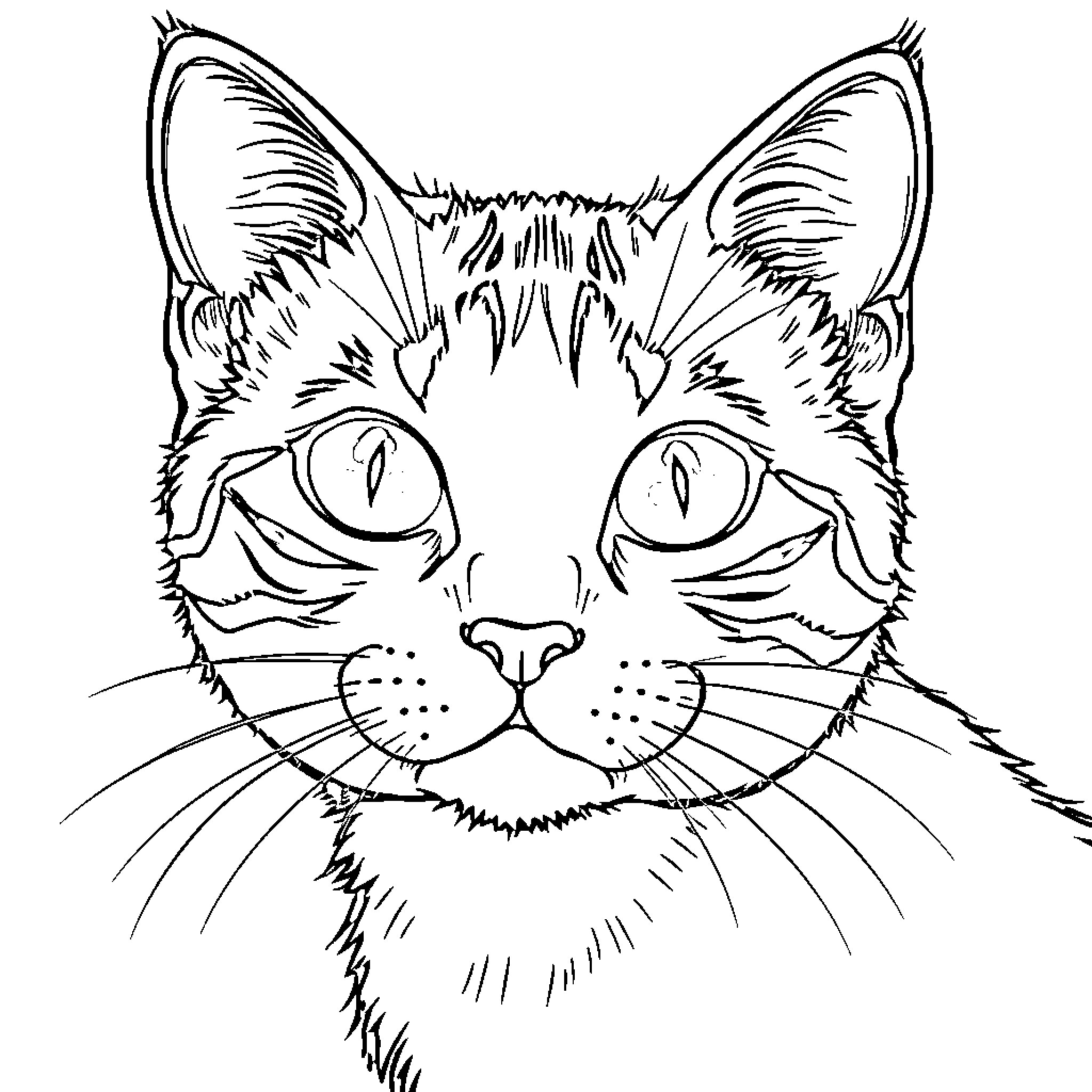 Katseye: Feline Face with Expressive Eyes Coloring Page (free black-and-white line drawing printable PDF for all, from beginners to advanced learners, including children, teens, adults, and seniors)