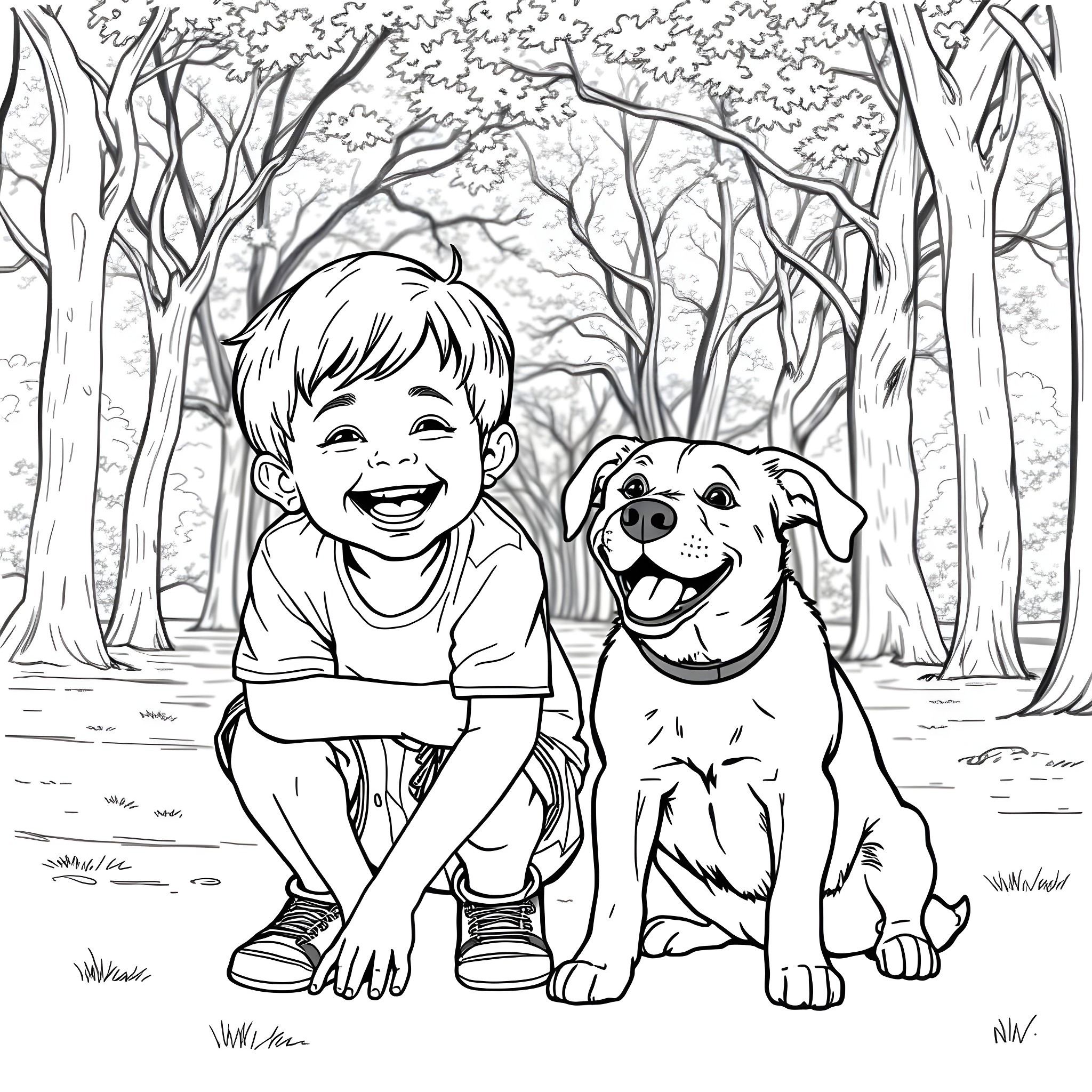Child playing happily with dog in the forest Coloring Page (free black-and-white line drawing printable PDF for all, from beginners to advanced learners, including children, teens, adults, and seniors)