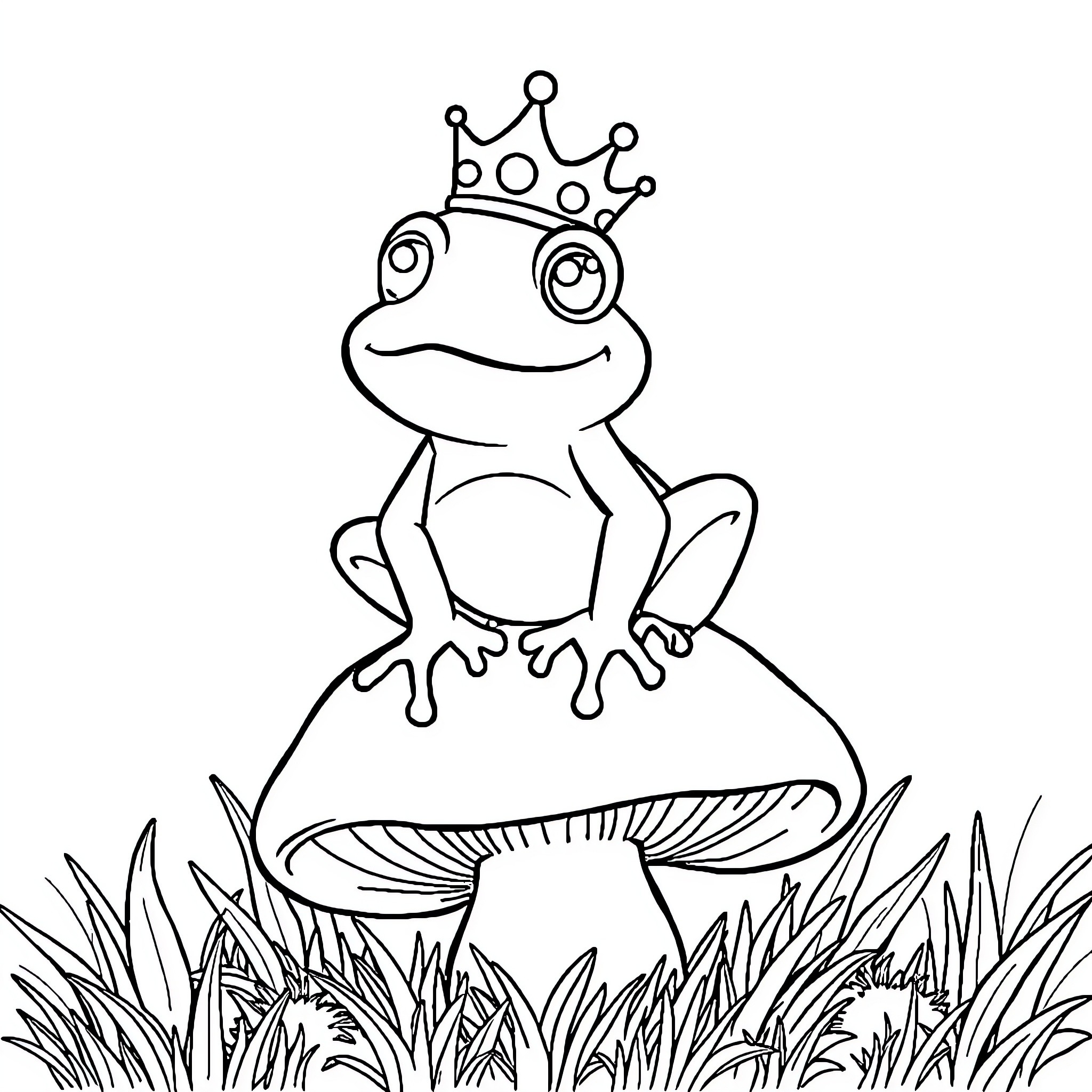 Frog Prince sitting on a mushroom in the grass Coloring Page (free black-and-white line drawing printable PDF for all, from beginners to advanced learners, including children, teens, adults, and seniors)