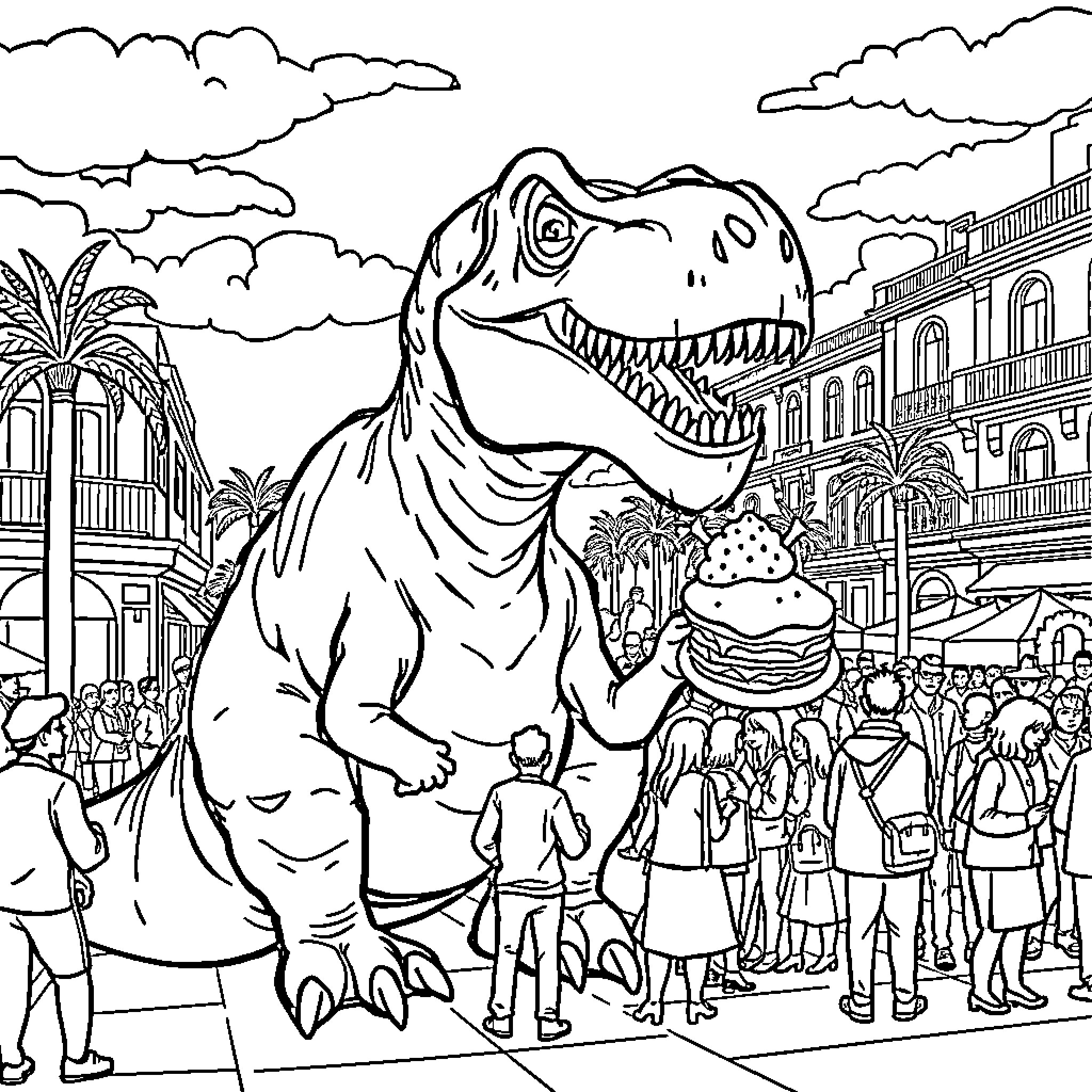 Dinosaur exploring busy city street with people Coloring Page (free black-and-white line drawing printable PDF for all, from beginners to advanced learners, including children, teens, adults, and seniors)