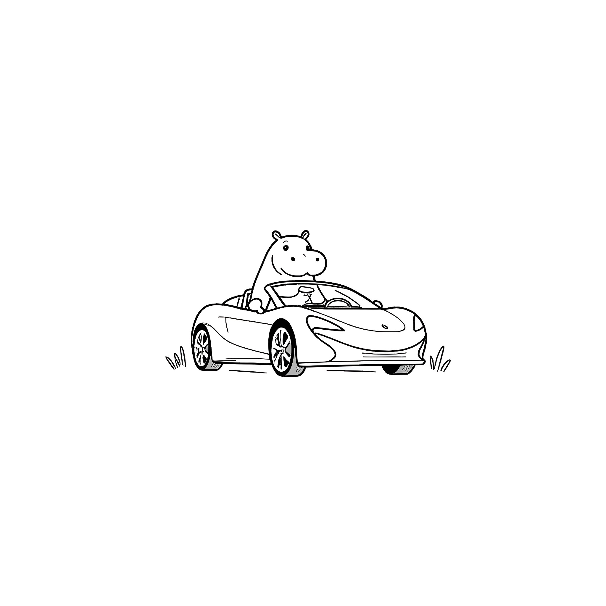 Hippopotamus driving a sleek sports car Coloring Page (free black-and-white line drawing printable PDF for all, from beginners to advanced learners, including children, teens, adults, and seniors)