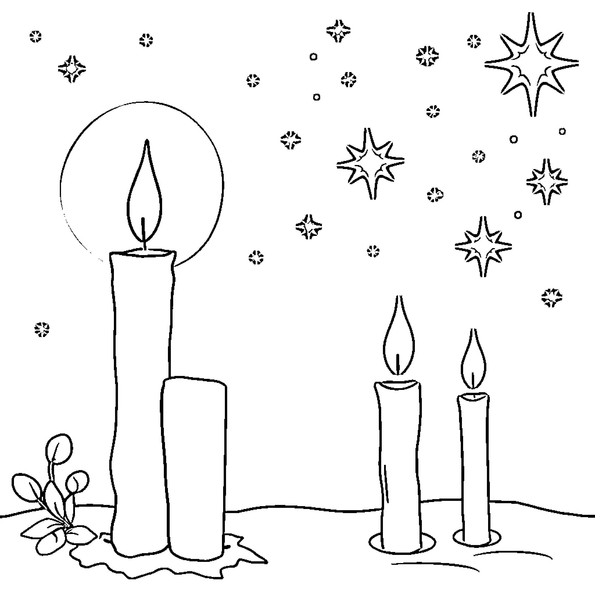 Candle burning brightly amidst twinkling stars Coloring Page (free black-and-white line drawing printable PDF for all, from beginners to advanced learners, including children, teens, adults, and seniors)