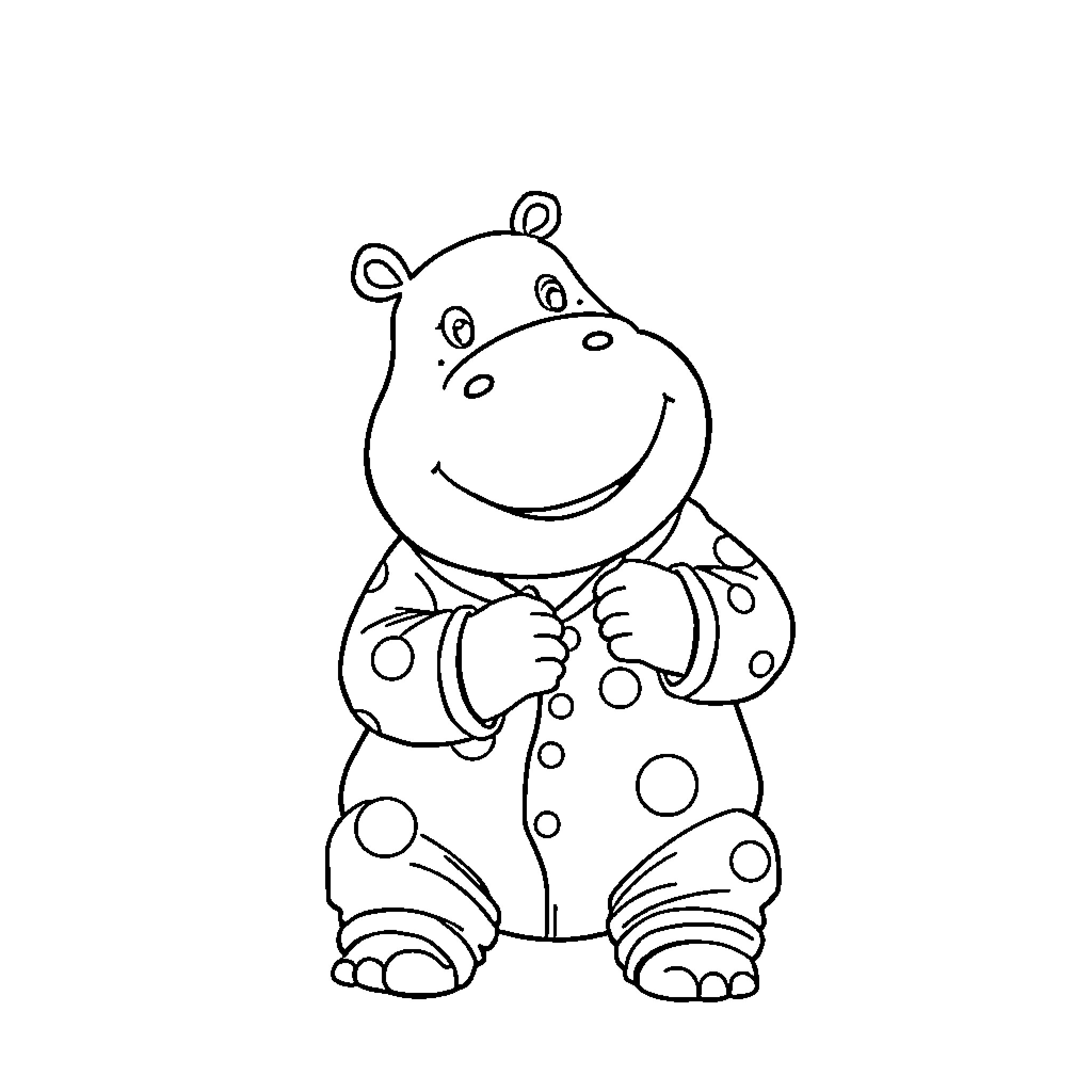 Hippo wearing polka dot pajamas Coloring Page (free black-and-white line drawing printable PDF for all, from beginners to advanced learners, including children, teens, adults, and seniors)