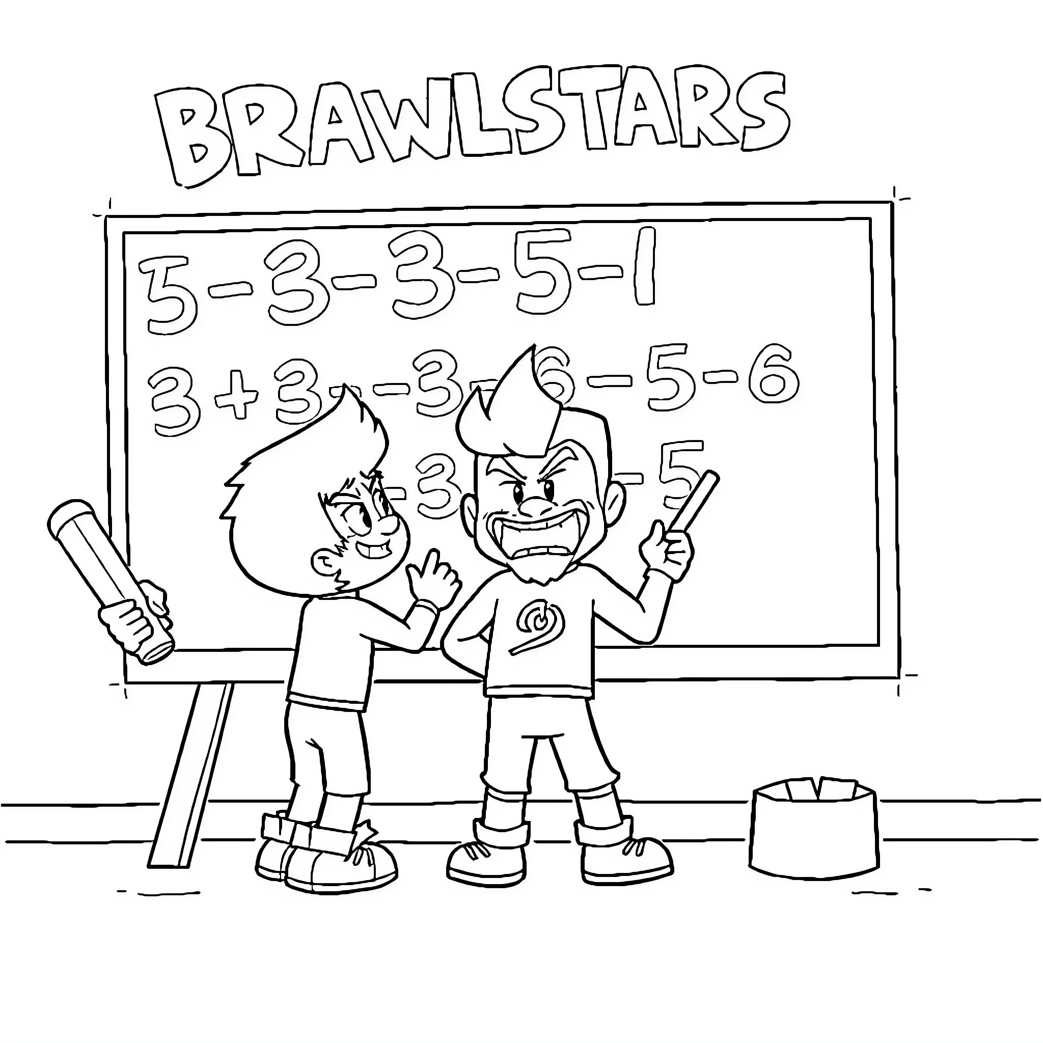 Brawlstars players solving math equations Coloring Page (free black-and-white line drawing printable PDF for all, from beginners to advanced learners, including children, teens, adults, and seniors)